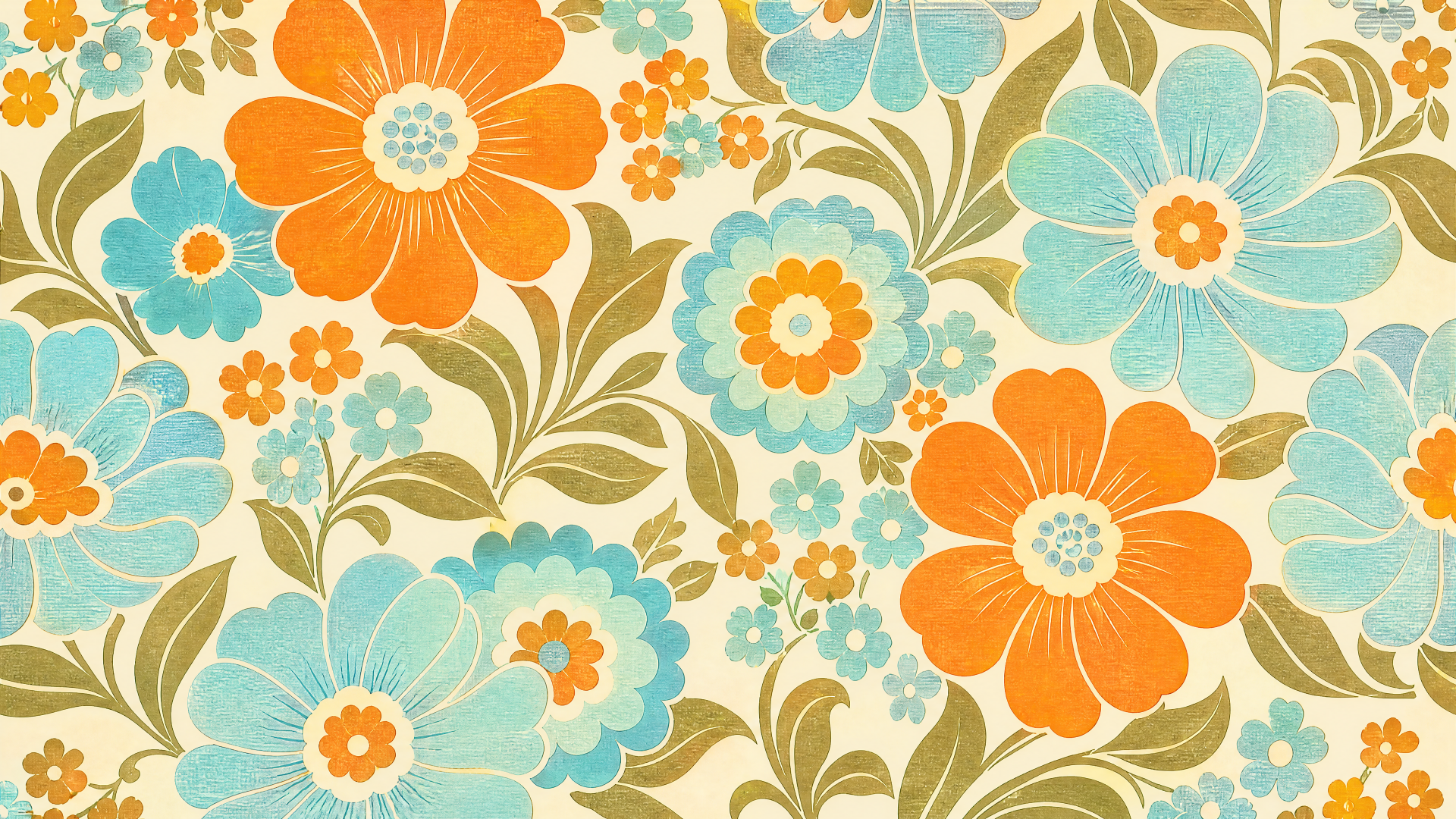 Retro floral 4K Ultra HD PC desktop wallpaper/background with large orange and turquoise blossoms and olive-green leaves on a cream backdrop.