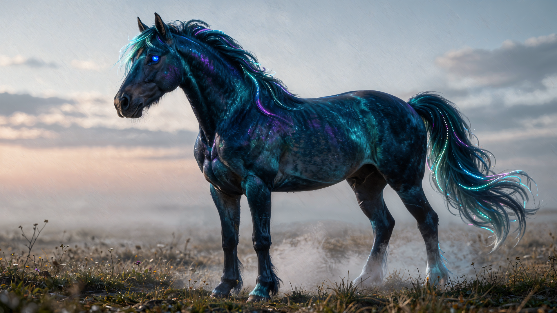 Iridescent stallion with glowing blue-purple mane on a misty plain at dusk — 4K Ultra HD PC desktop wallpaper and background