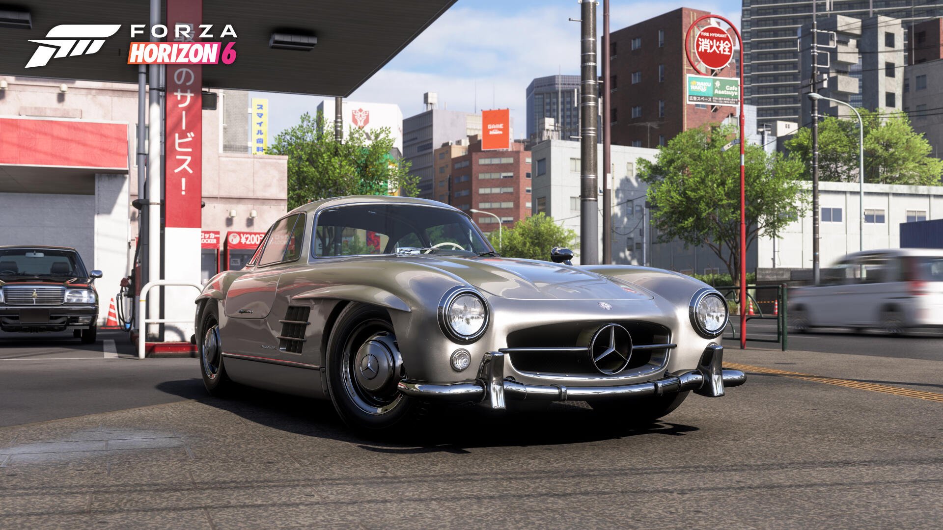 Forza Horizon 6 video game 4K Ultra HD PC desktop wallpaper/background: silver classic Mercedes 300SL parked at a city gas station with an urban skyline under bright daylight.