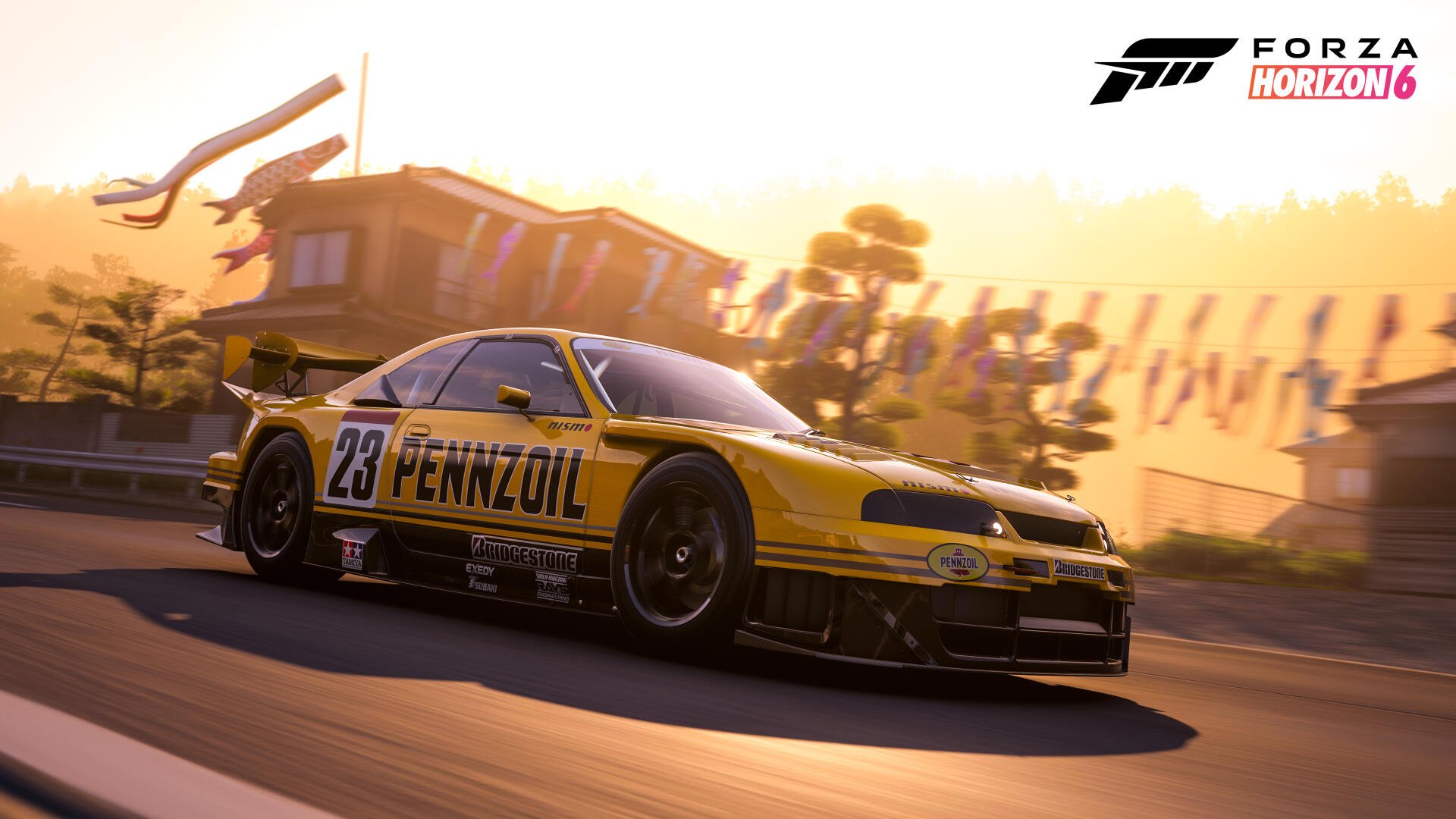 Video game Forza Horizon 6 4K Ultra HD PC desktop wallpaper: yellow Pennzoil race car #23 speeding past sunlit festival tents and palm trees at dusk.