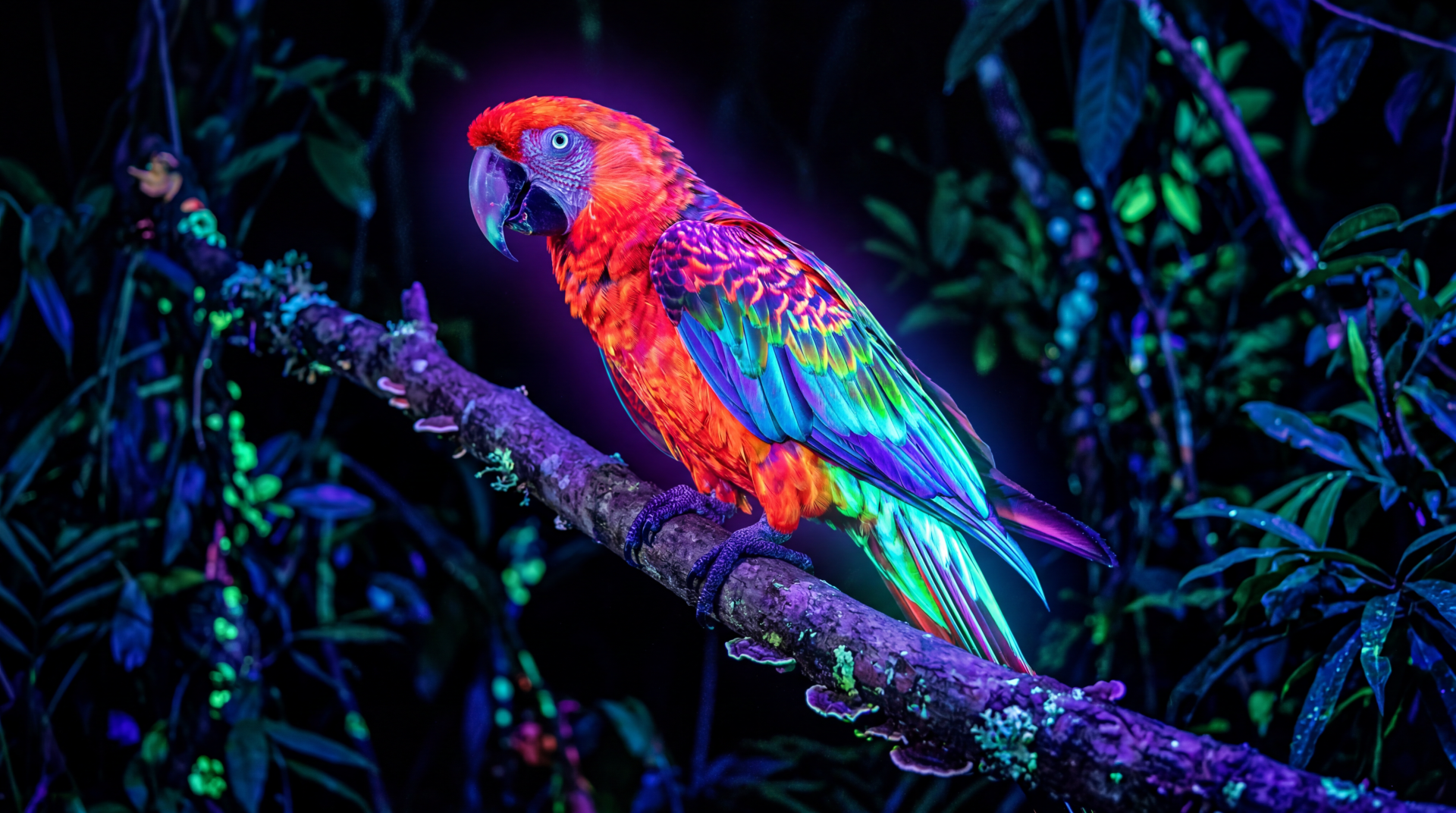 Vibrant neon macaw perched on a mossy branch against dark tropical foliage — 5K Ultra HD PC Desktop Wallpaper and Background, high-contrast bird close-up.