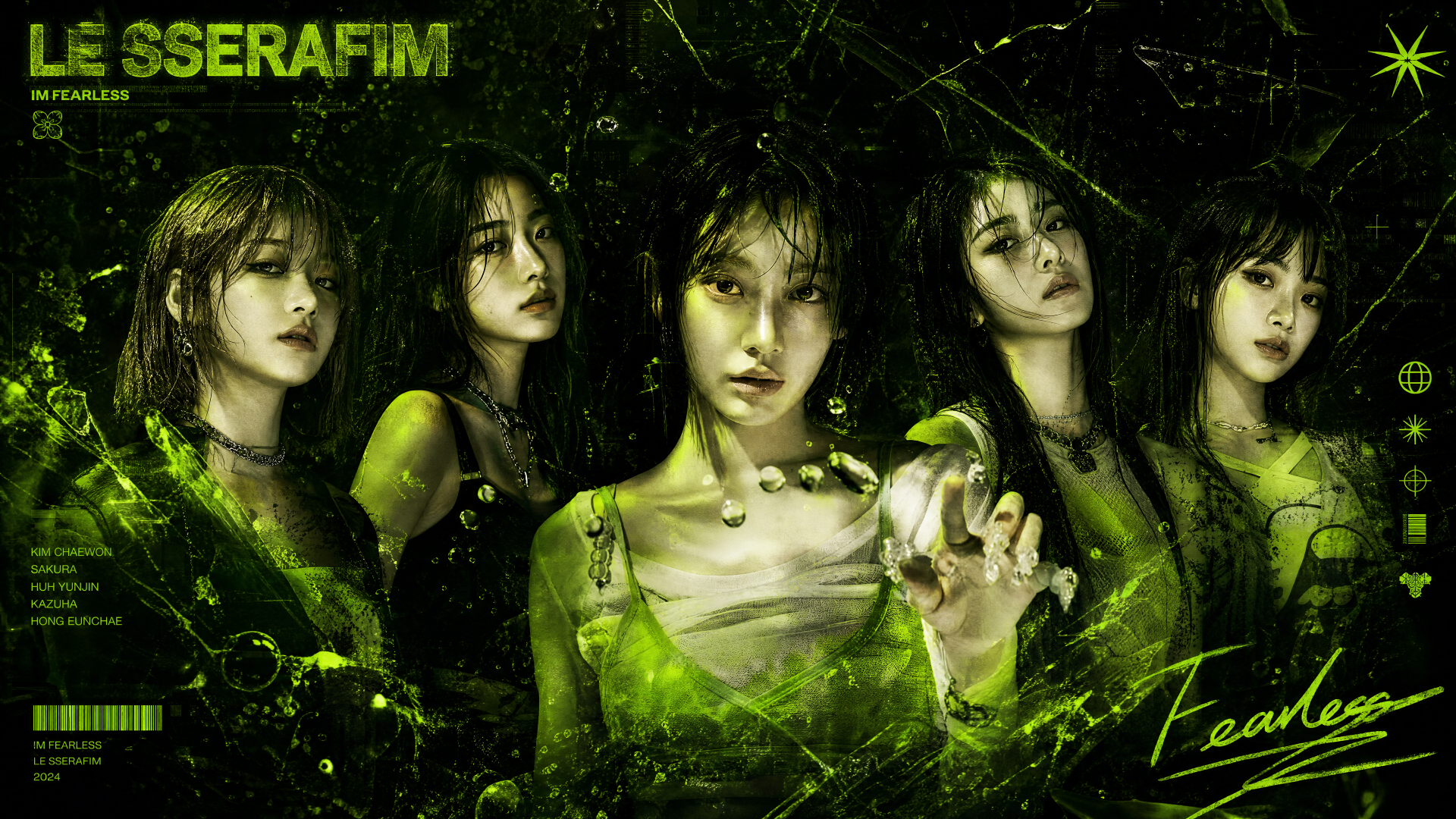 4K Ultra HD PC desktop wallpaper of five women in edgy neon-green outfits, dramatic poses amid shattered-glass effects and a dark, futuristic background.