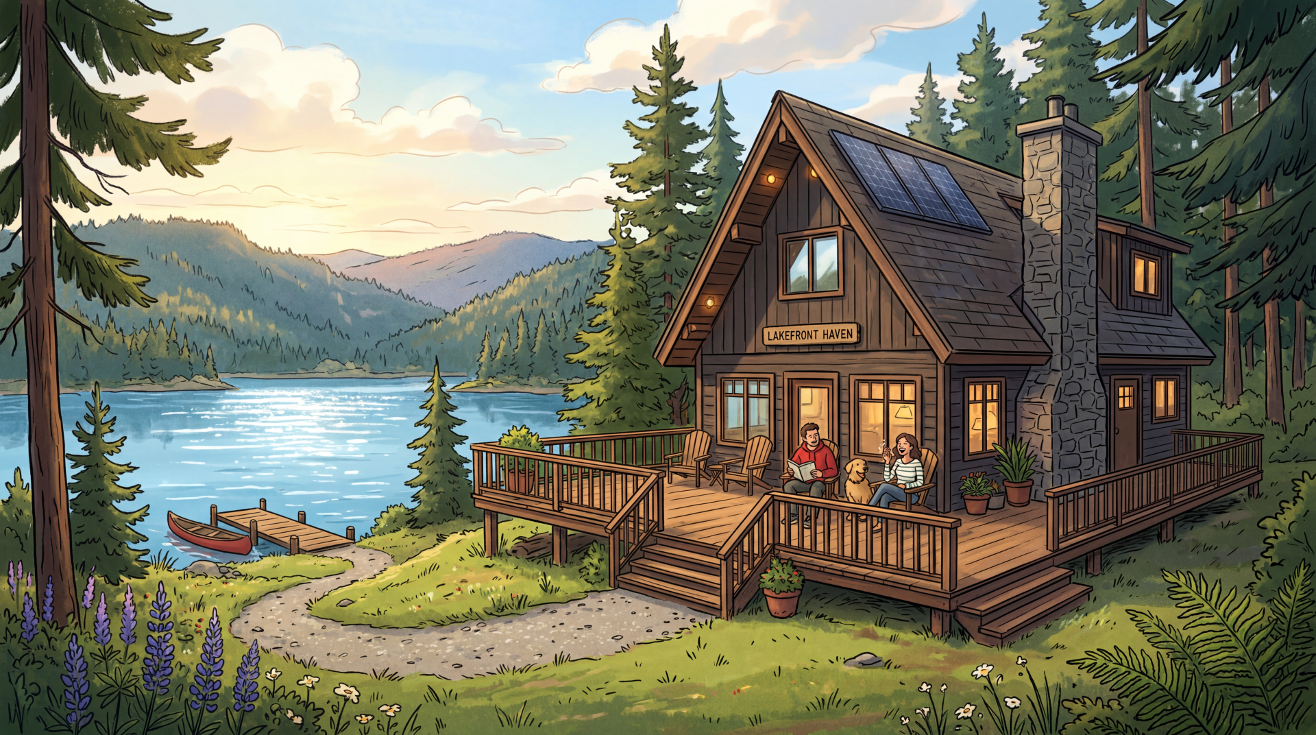 5K Ultra HD PC desktop wallpaper of a lakeside vacation home: wooden cabin on a deck with people, docked canoes, pine forest and mountains at sunset.