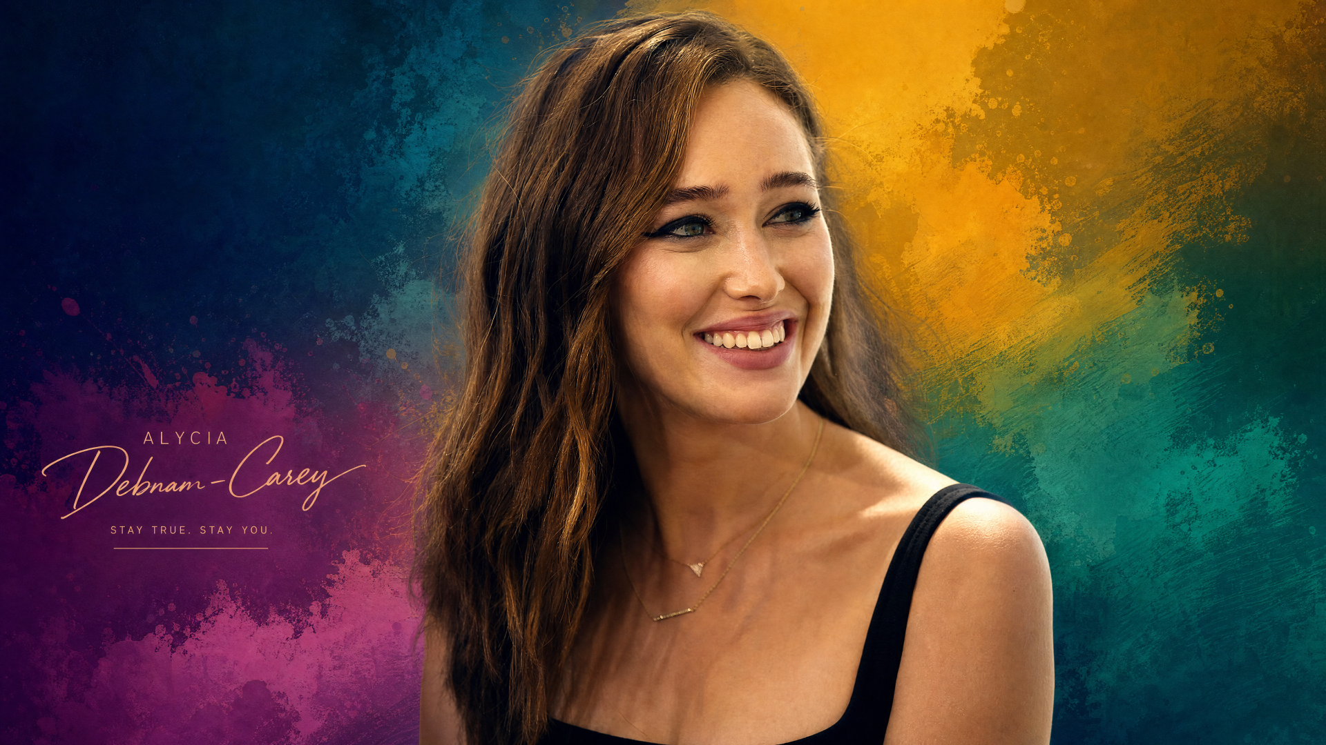 Smiling woman with wavy brown hair in a black top against a vivid teal‑orange‑pink abstract backdrop — 4K Ultra HD PC desktop wallpaper/background, tagged with a celebrity name.
