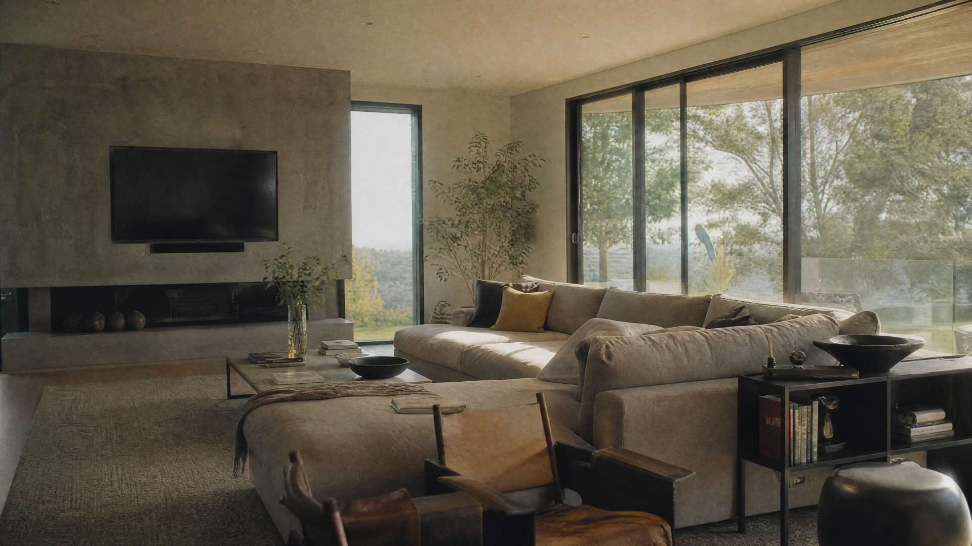 Modern home living room with sectional sofa, floor-to-ceiling windows and wall-mounted TV — 4K Ultra HD PC Desktop Wallpaper and Background.