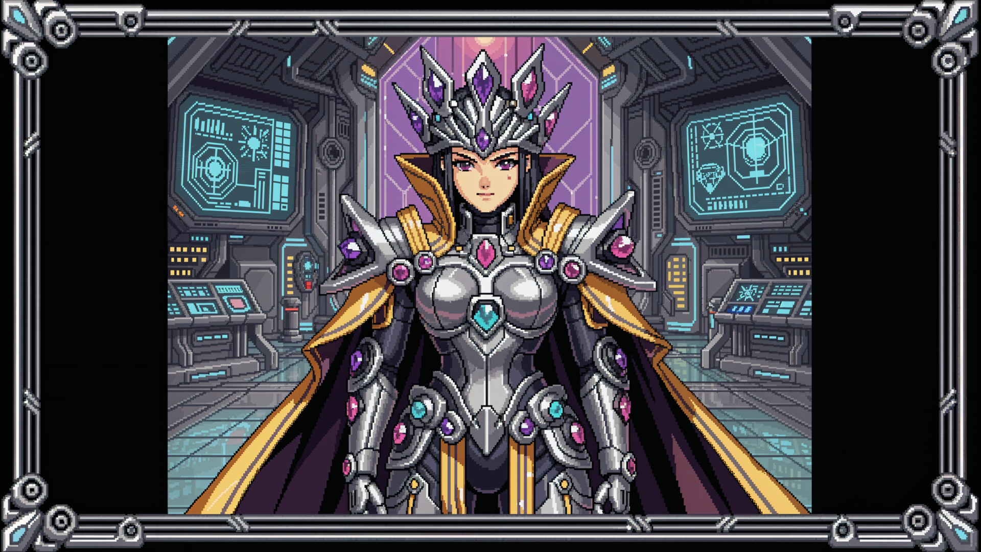 4K Ultra HD PC desktop wallpaper of a sci-fi queen in ornate armored exosuit and jeweled crown, standing in a futuristic command throne room.