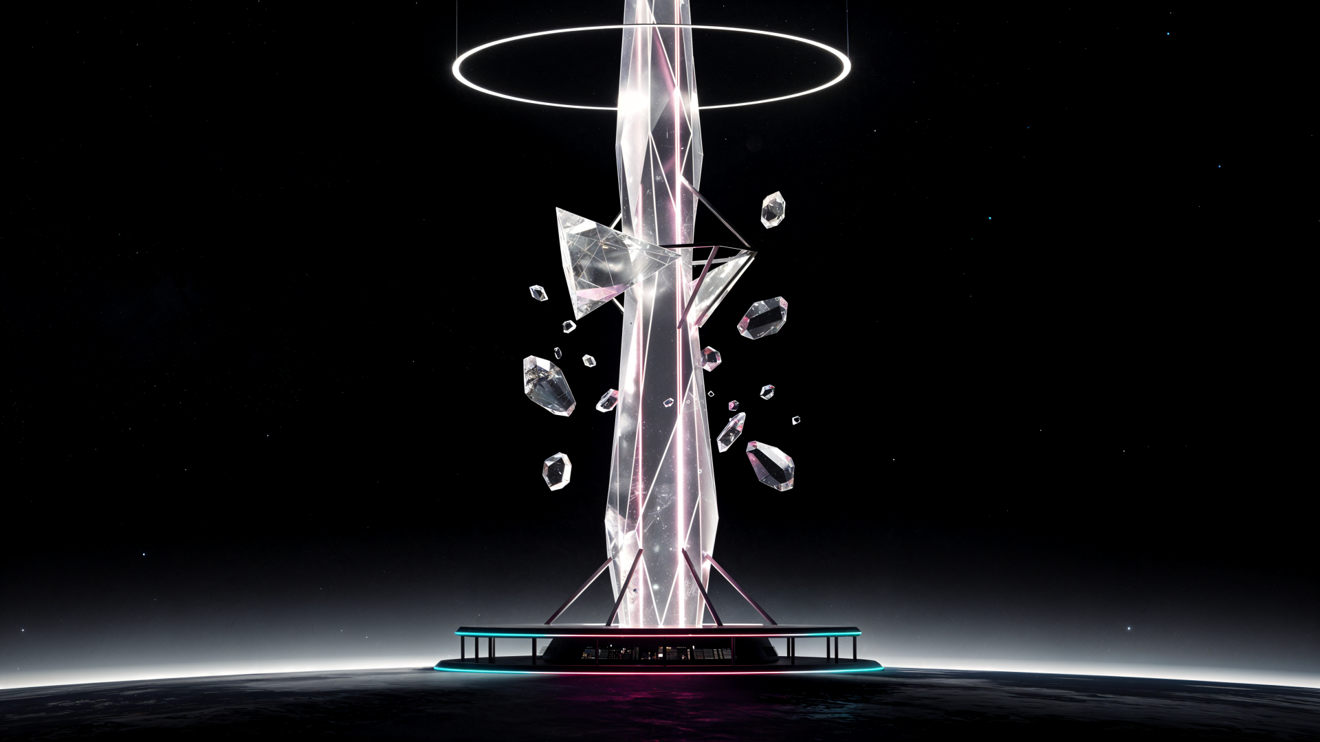4K Ultra HD PC desktop wallpaper and background: a crystalline space elevator rising from a curved planetary horizon, encircled by a glowing ring and scattered floating shards.