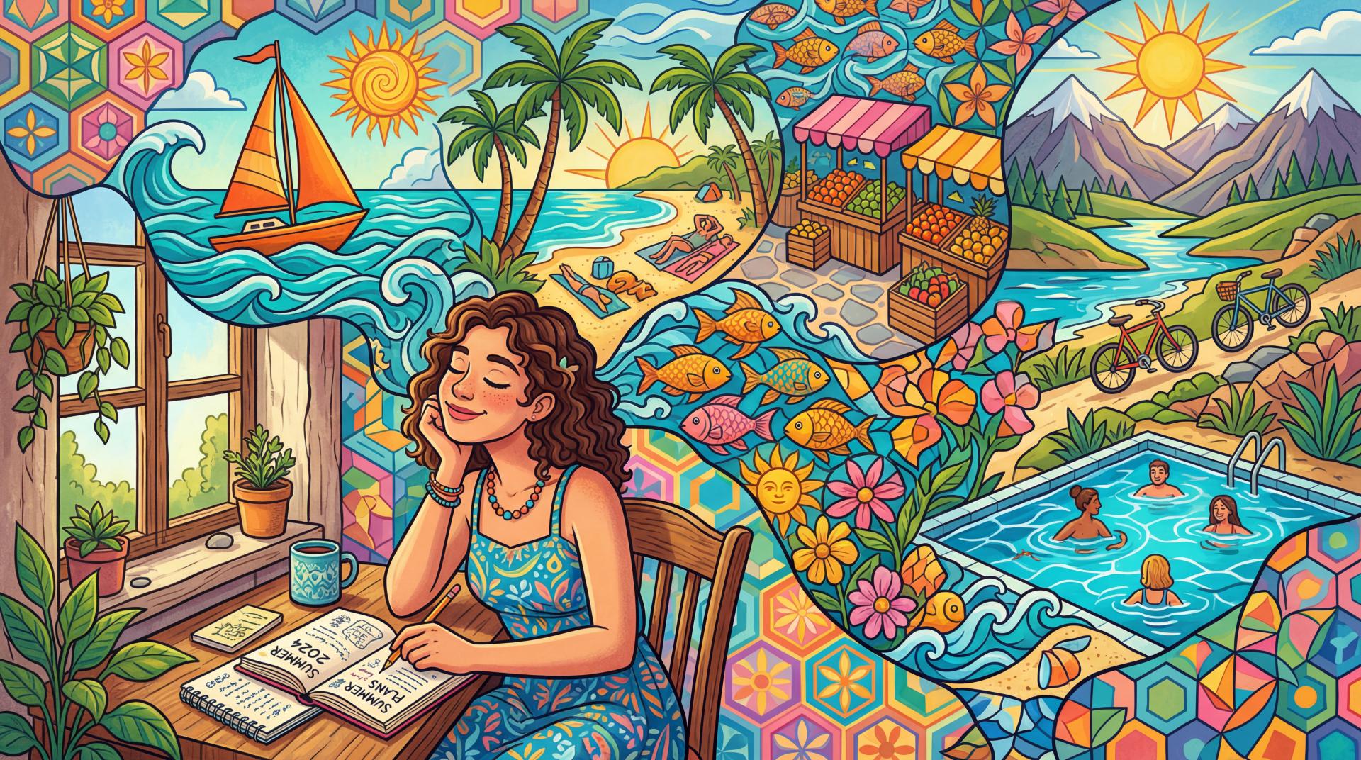 5K Ultra HD PC desktop wallpaper and background: vibrant illustrated daydream — woman writing by a window, tropical beach with sailboat, market stalls, pool, flowers and mountains.