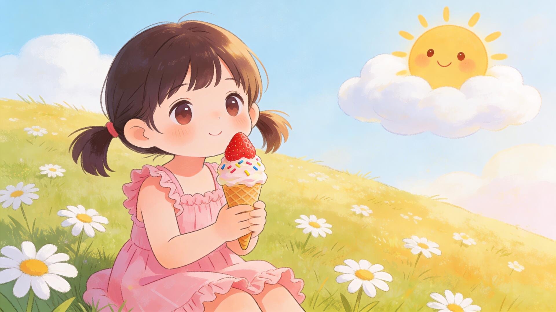 Cute summer illustration: little girl in a pink dress eating strawberry ice cream in a daisy meadow beneath a smiling sun — 4K Ultra HD PC desktop wallpaper and background.
