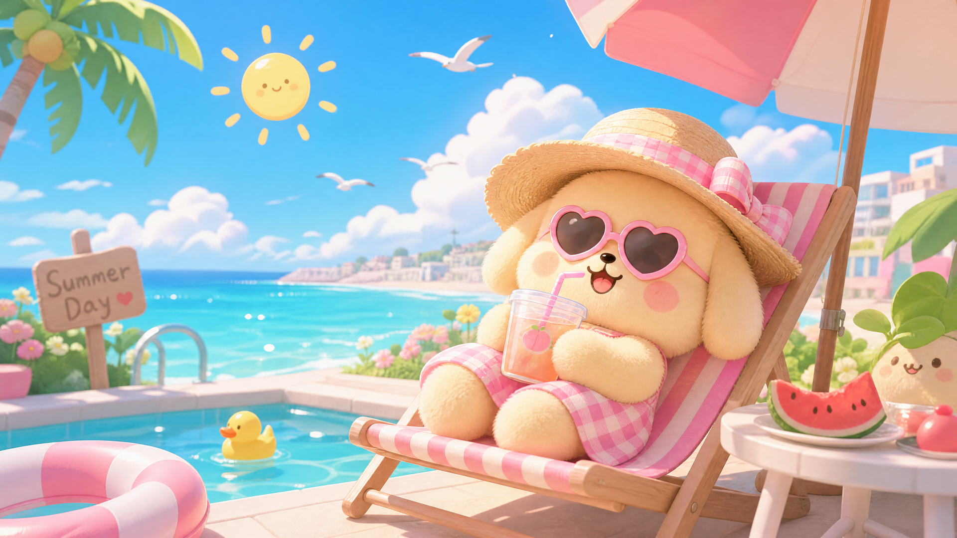 Cute summer 4K Ultra HD PC desktop wallpaper and background: chubby cartoon puppy in heart-shaped sunglasses lounging on a beach chair by the pool with umbrella, rubber duck and watermelon.
