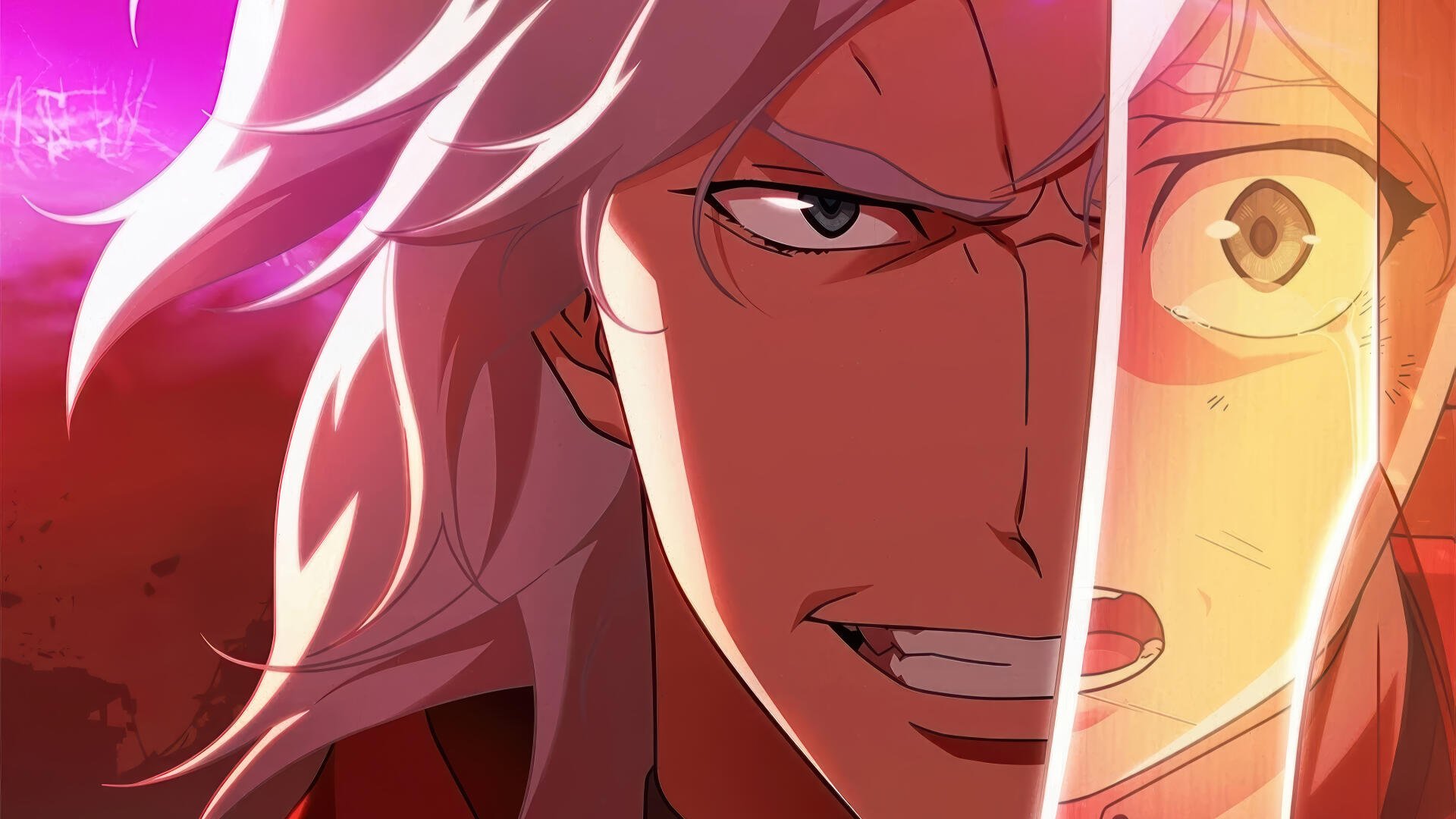 Close-up split-face anime illustration from Devil May Cry (2025): white-haired antihero snarling with sword reflection — 4K Ultra HD PC desktop wallpaper/background.