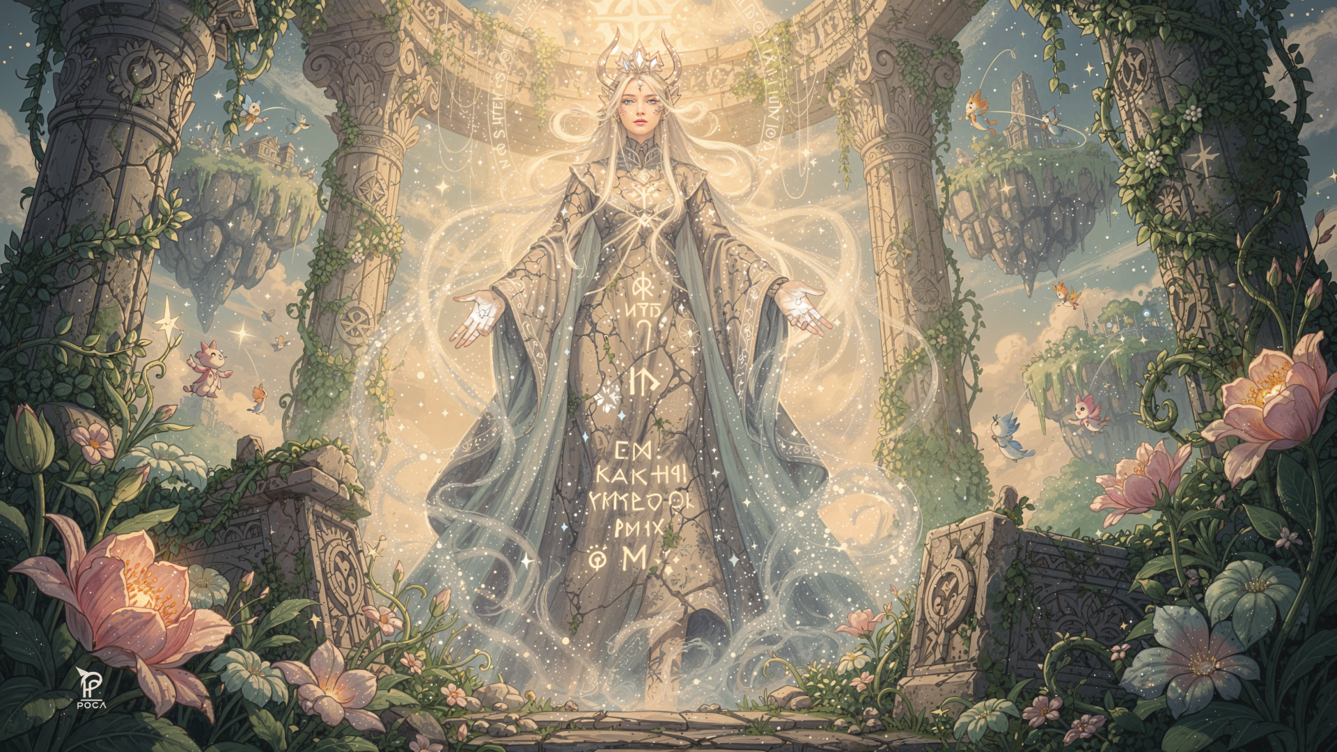 Forgotten god — an ethereal robed goddess glowing amid vine-wrapped ruined pillars and blooming flowers, runes on her gown; 4K Ultra HD PC desktop wallpaper background.