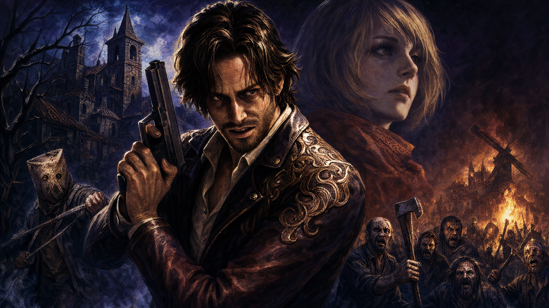 Resident Evil 4 4K Ultra HD PC desktop wallpaper: Leon with gun in foreground, Ashley behind him, burning village and castle under a stormy night sky.