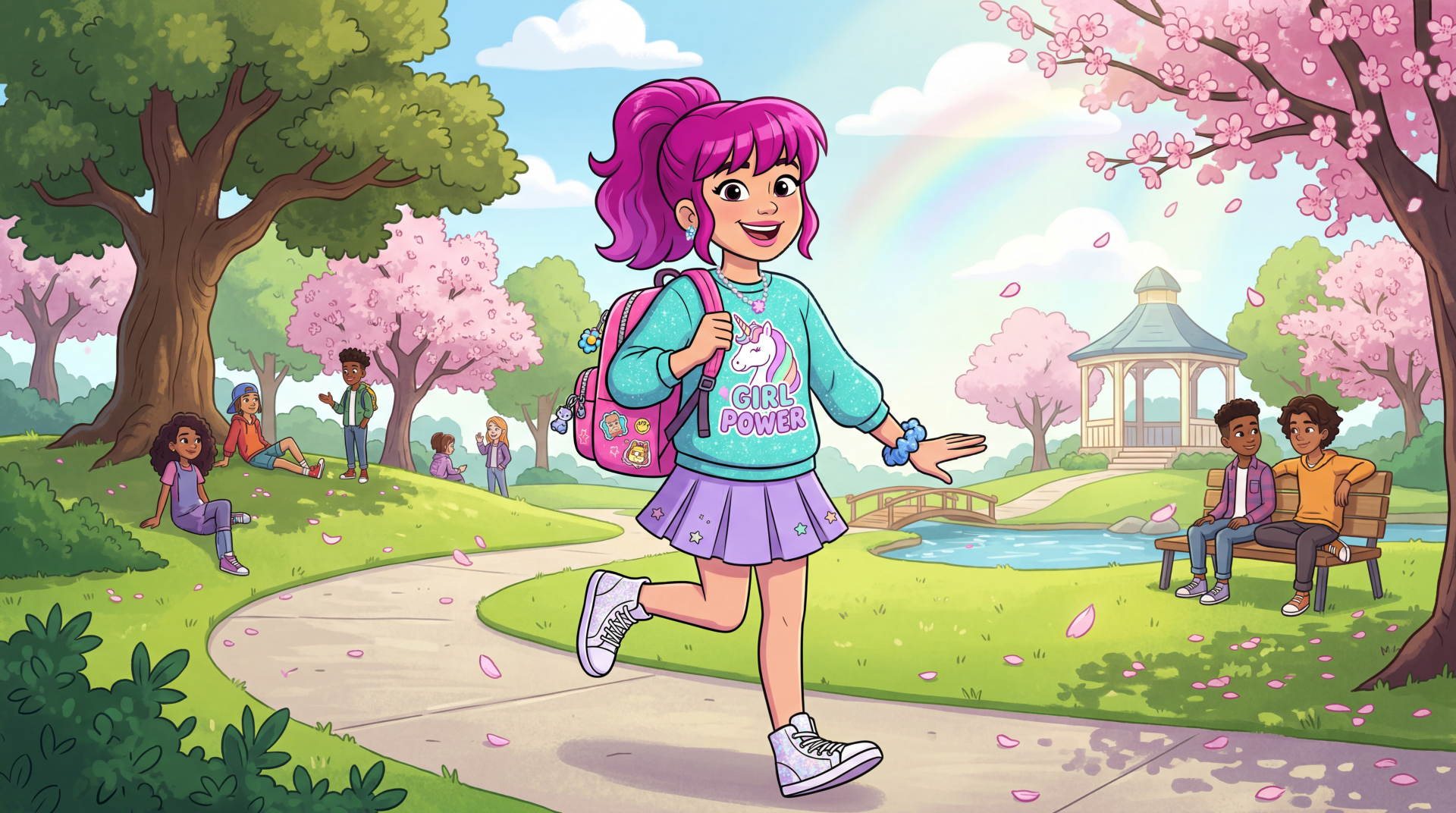 Girly 5K Ultra HD PC desktop wallpaper: pink‑haired girl skipping along a cherry‑blossom park path with a backpack, pastel outfit, rainbow and gazebo in a bright, sunny scene.