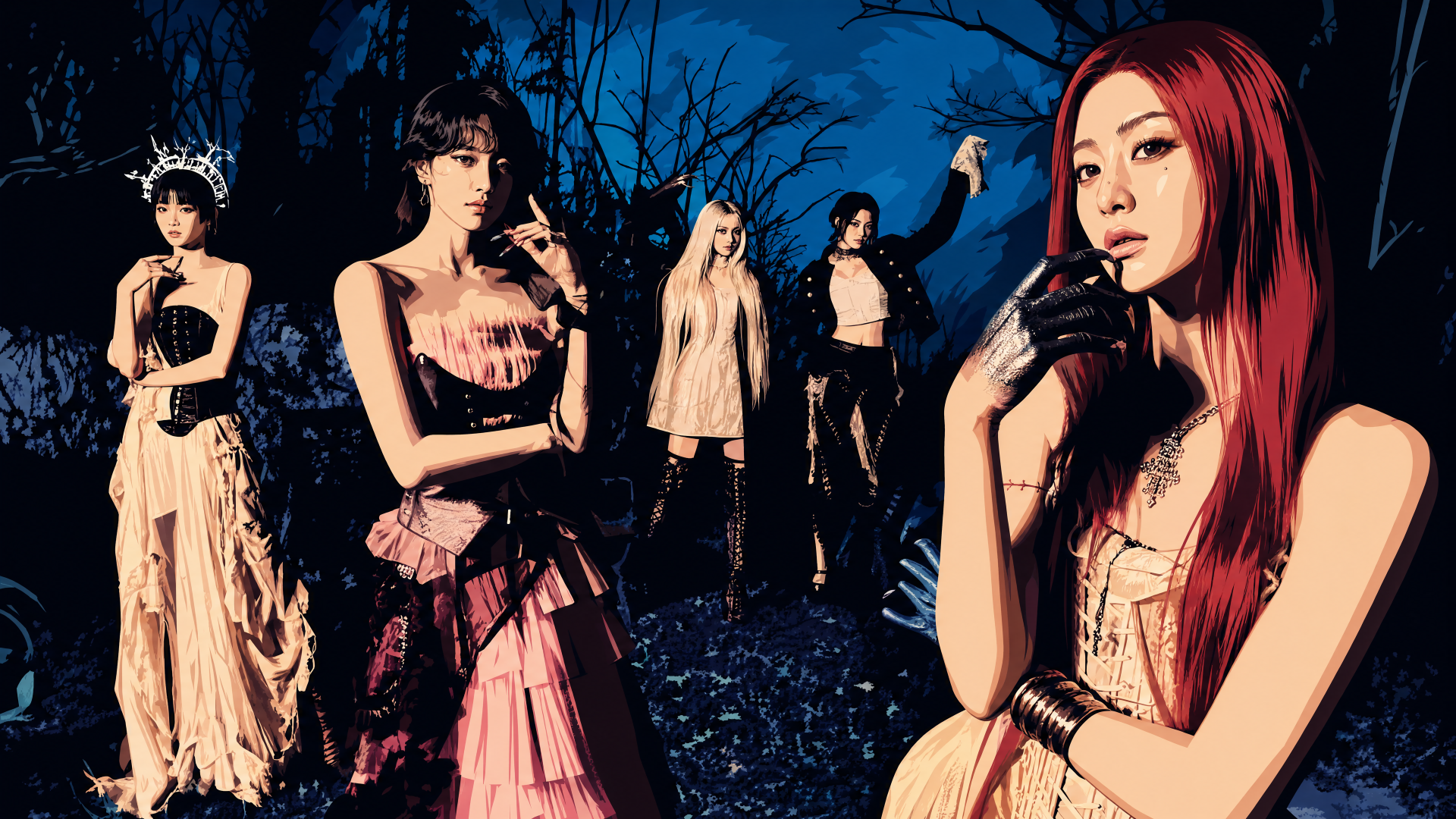 4K Ultra HD PC desktop wallpaper: five stylized women in ornate gowns pose in a moonlit, eerie forest with bold contrast and rich, cinematic colors.