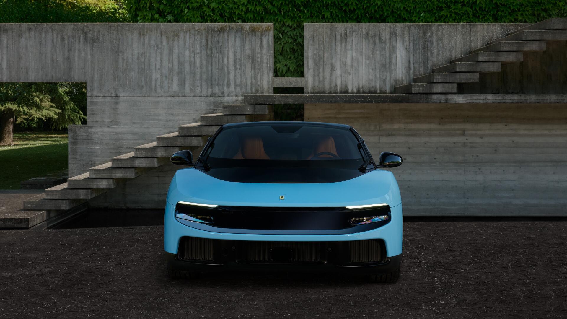 Light-blue Ferrari Luce vehicle, front view parked before concrete steps and reflecting pool — 4K Ultra HD PC desktop wallpaper/background.
