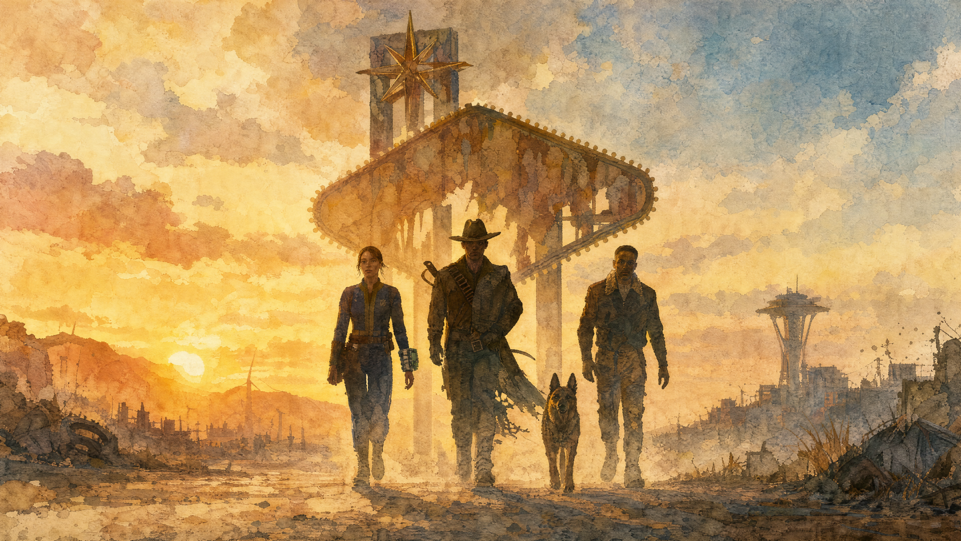 Fallout (TV Show) 4K Ultra HD PC desktop wallpaper: three figures and a dog stride toward a sunlit, ruined city across a dusty, painterly post-apocalyptic landscape.