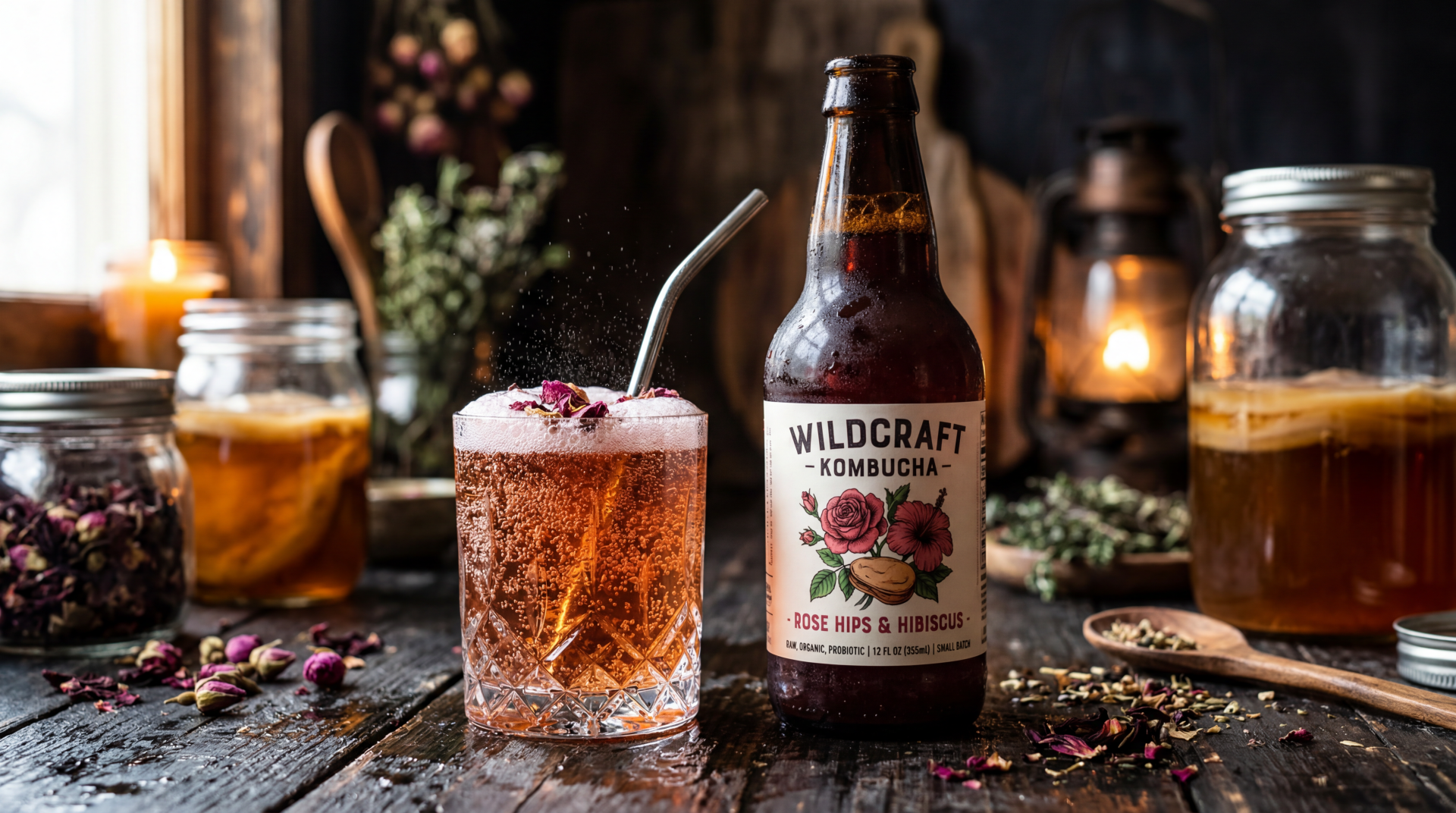 5K Ultra HD PC desktop wallpaper/background: rustic still-life of a Wildcraft kombucha bottle and a glass with straw on a candlelit wooden table.