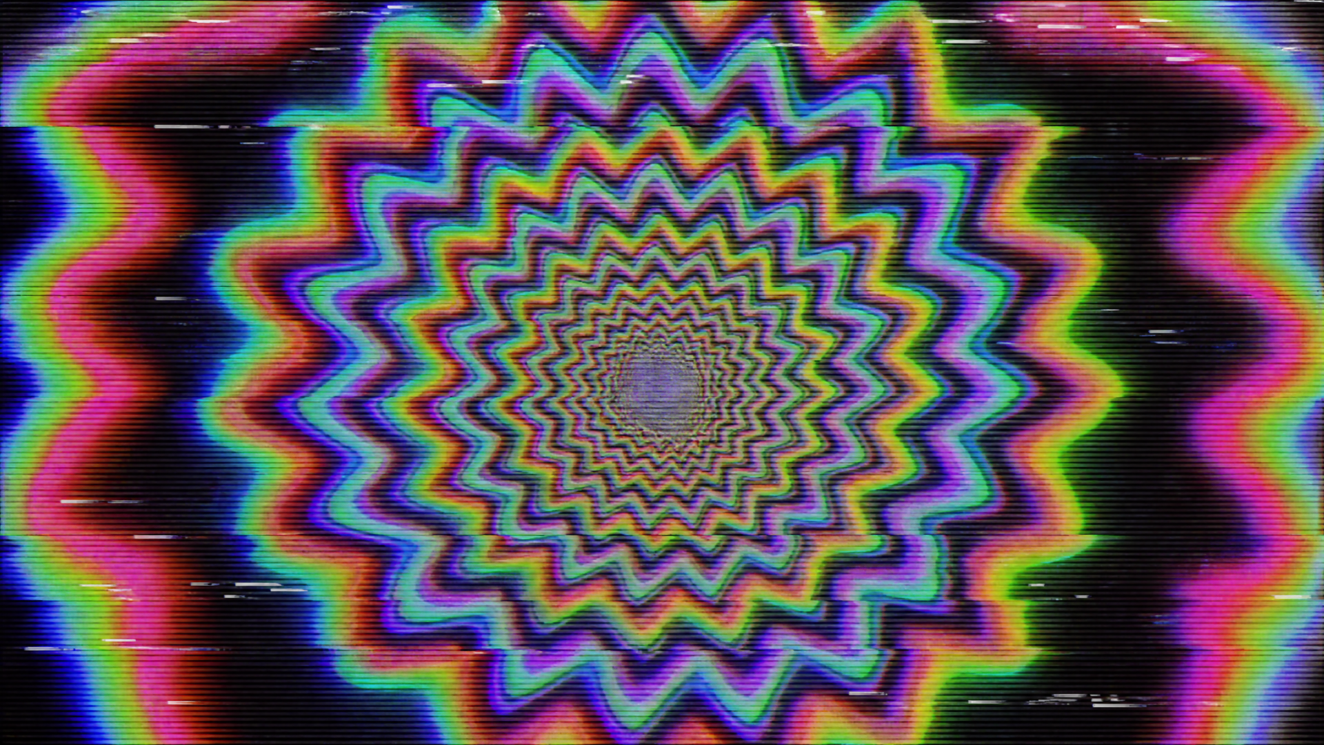 Neon rainbow trippy pattern: concentric zigzag starburst rings with subtle CRT scanlines — 4K Ultra HD PC desktop wallpaper background.