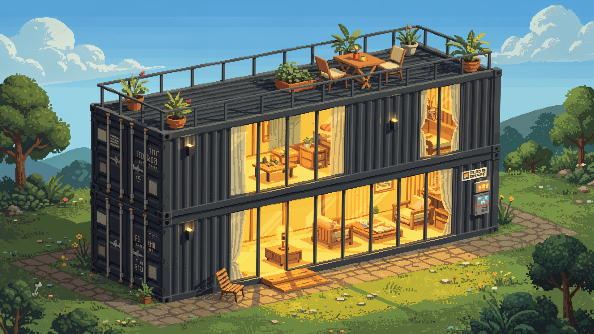 4K Ultra HD PC desktop wallpaper of a modern two-story container house with warm-lit interiors, rooftop terrace and large glass walls set in a verdant twilight landscape.