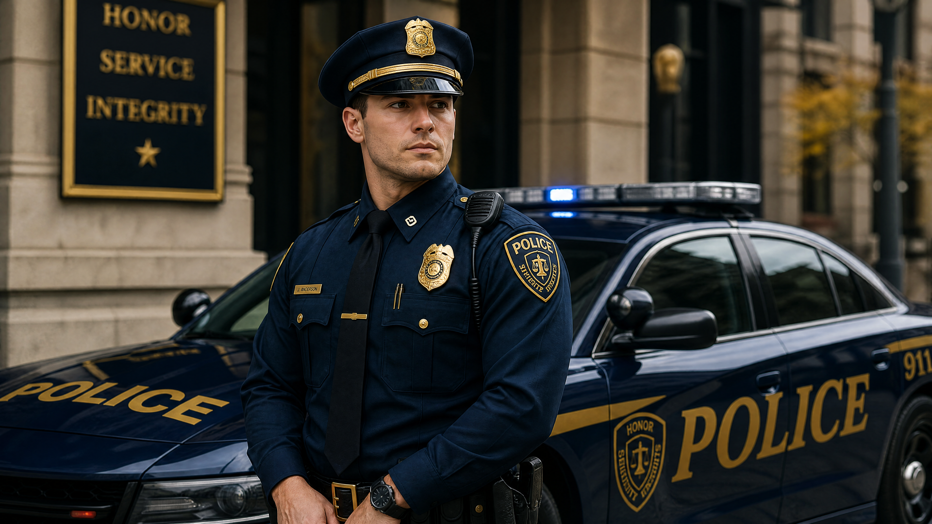 4K Ultra HD PC desktop wallpaper of a uniformed police officer standing beside a marked patrol car outside a building with a plaque reading Honor Service Integrity.