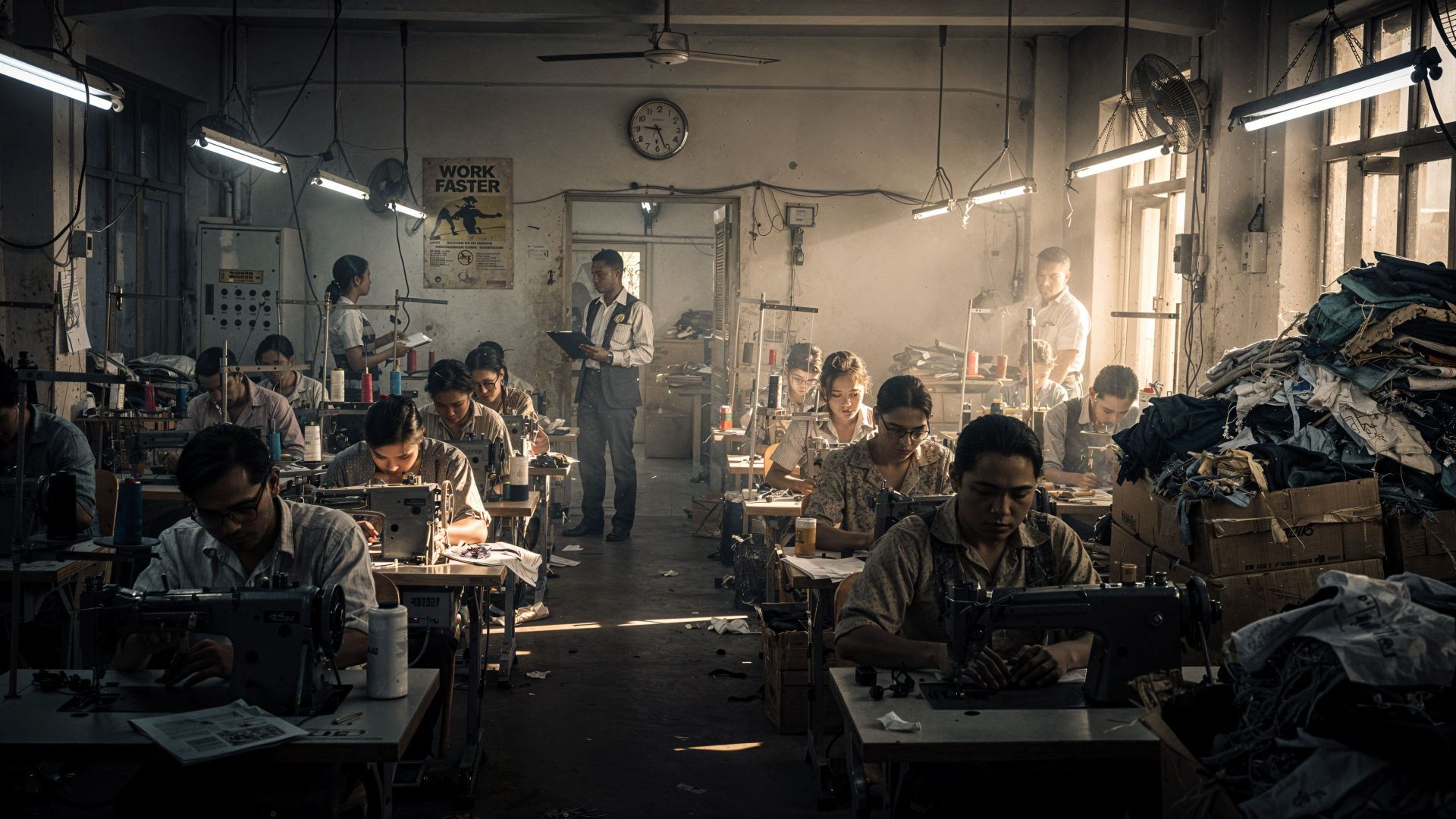 4K Ultra HD PC desktop wallpaper showing a dim, crowded garment sweatshop: rows of workers at sewing machines, an overseer, fabric piles and dusty light, evoking commercial exploitation.