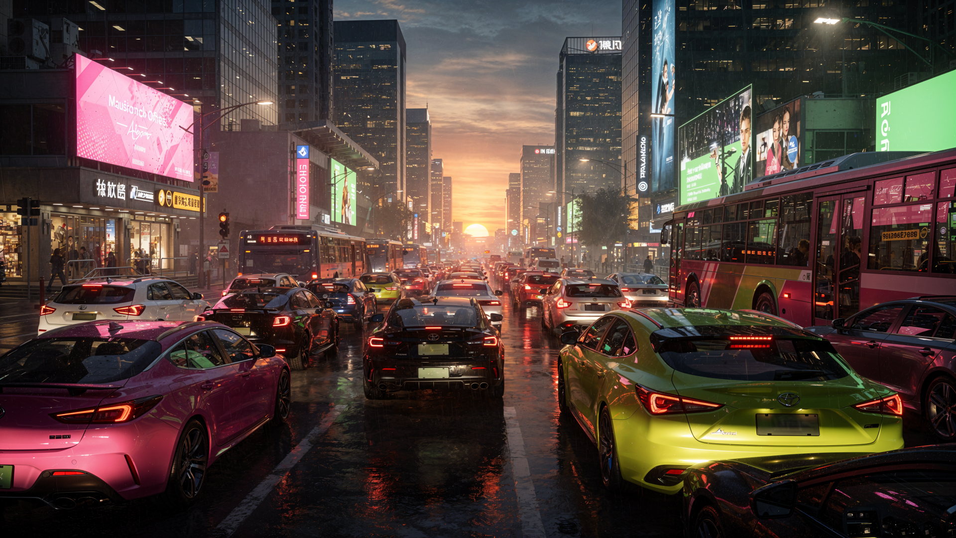 4K Ultra HD PC desktop wallpaper: neon-lit city traffic jam at dusk, cars and buses bumper-to-bumper on wet streets with glowing billboards and a sunset-lined horizon.