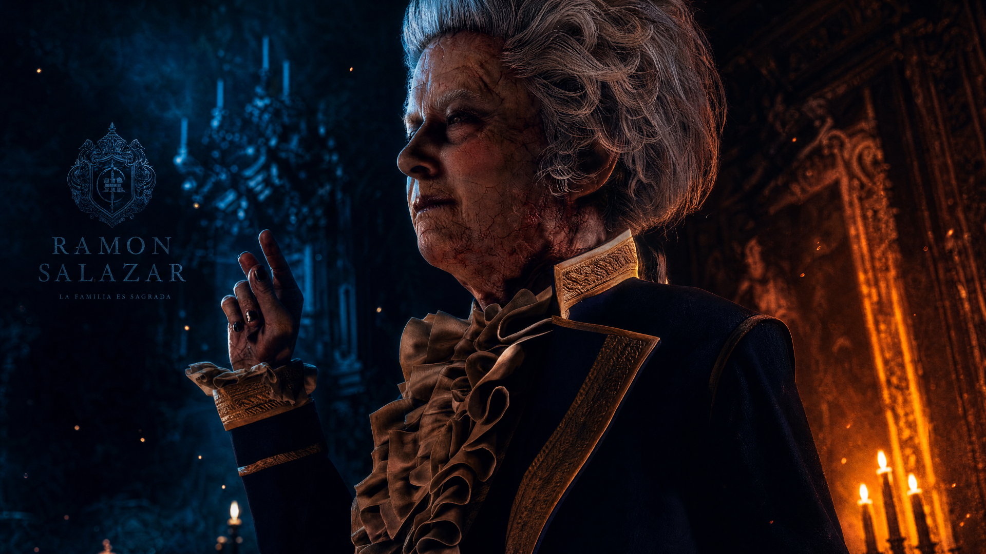 Ramon Salazar in an ornate military-style coat, stern profile amid candlelit Gothic halls — 4K Ultra HD PC desktop wallpaper.