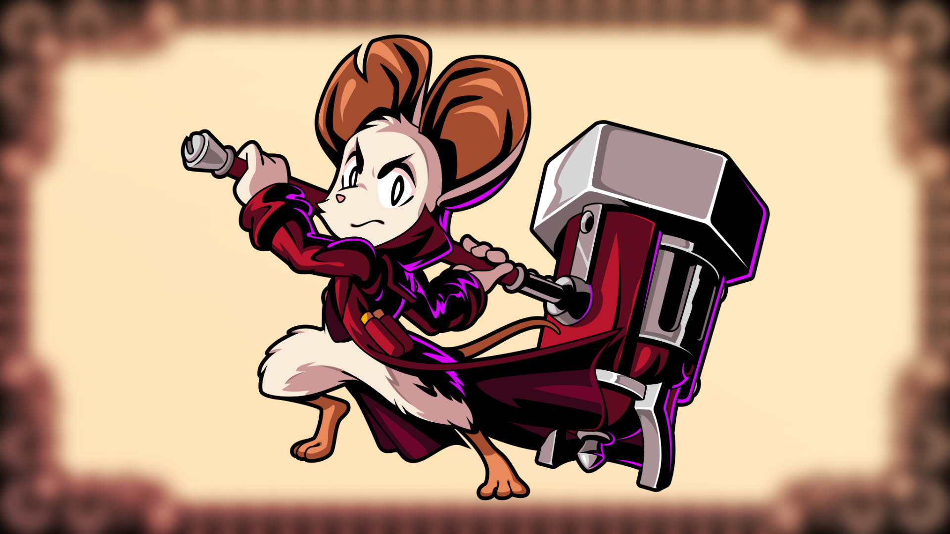 HD PC desktop wallpaper of Minna The Hollower: a determined mouse protagonist in a cloak charging with a massive hammer on a parchment-toned background, video game artwork