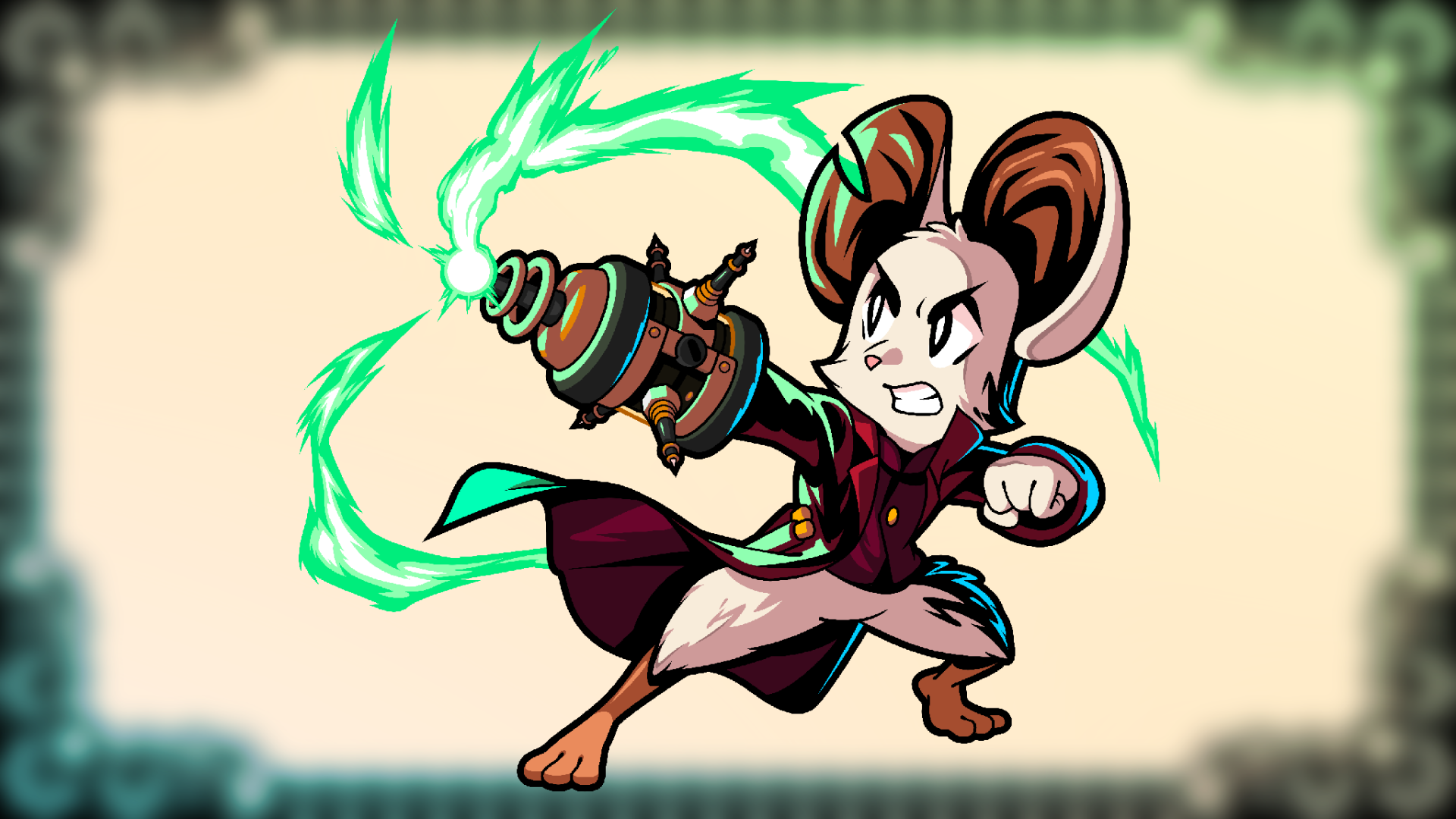 HD PC desktop wallpaper and background: video game Minna The Hollower — fierce anthropomorphic mouse in a burgundy cloak firing crackling green magical energy from a gauntlet.