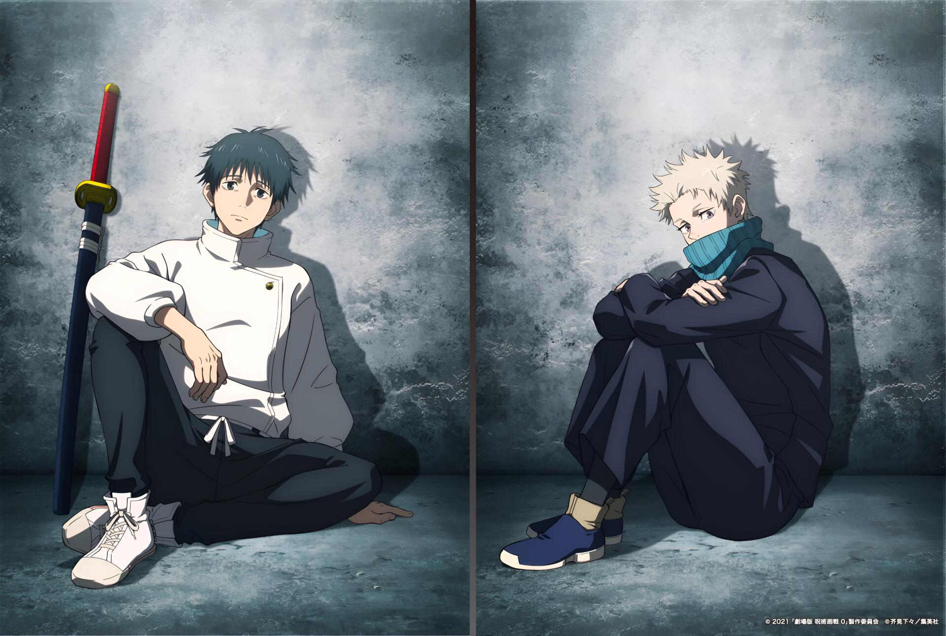 2K Quad HD PC desktop wallpaper of Jujutsu Kaisen's Yuta Okkotsu and Toge Inumaki seated against a concrete wall, moody lighting; Yuta with sword, Toge with mouth covering.