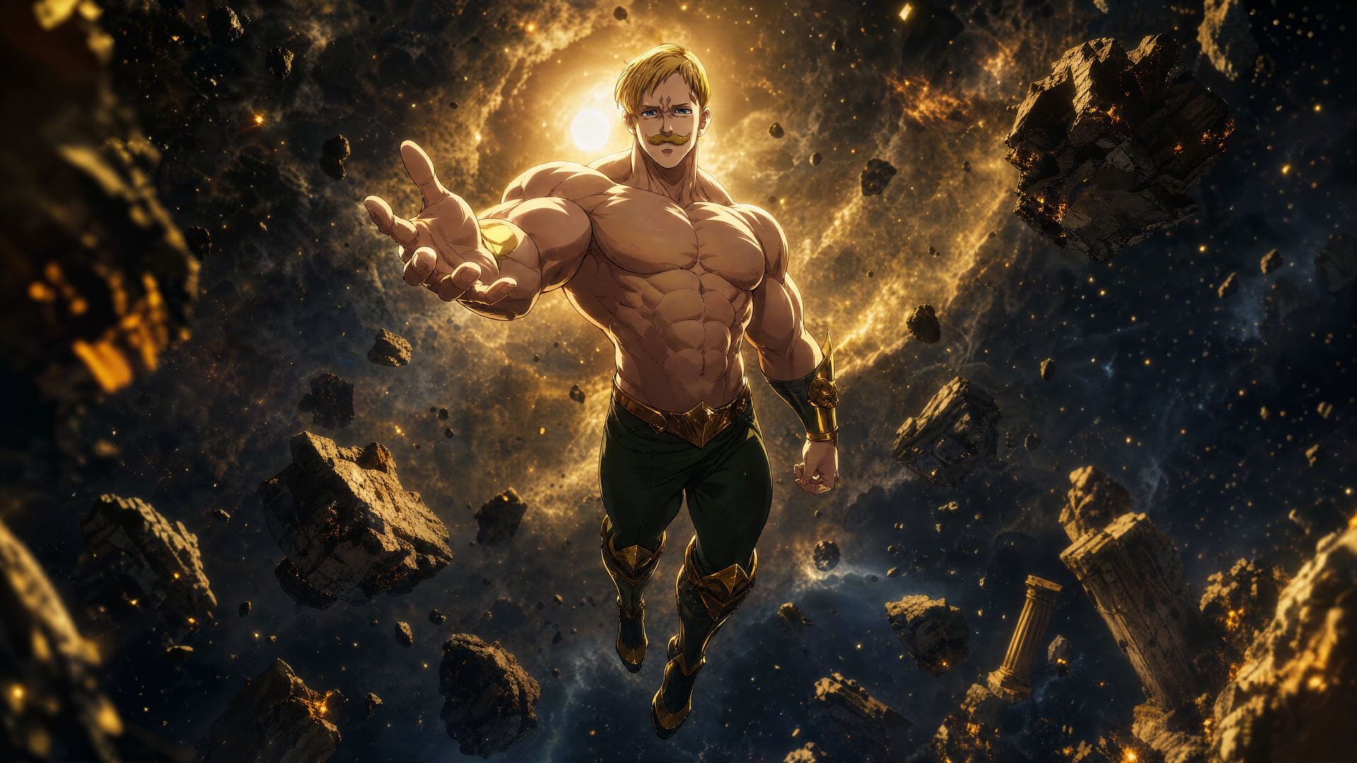 Escanor (The Seven Deadly Sins) towering, radiant and muscular amid floating molten debris with a blazing sun halo behind him — 4K Ultra HD PC desktop wallpaper/background.