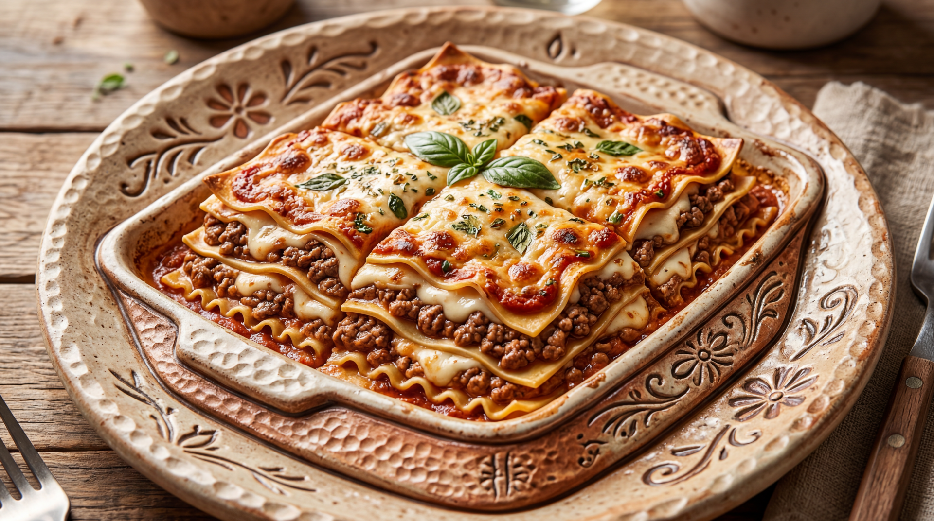 5K Ultra HD PC desktop wallpaper background featuring a freshly baked layered lasagna in a decorative ceramic dish, golden melted cheese, savory meat filling and basil garnish.