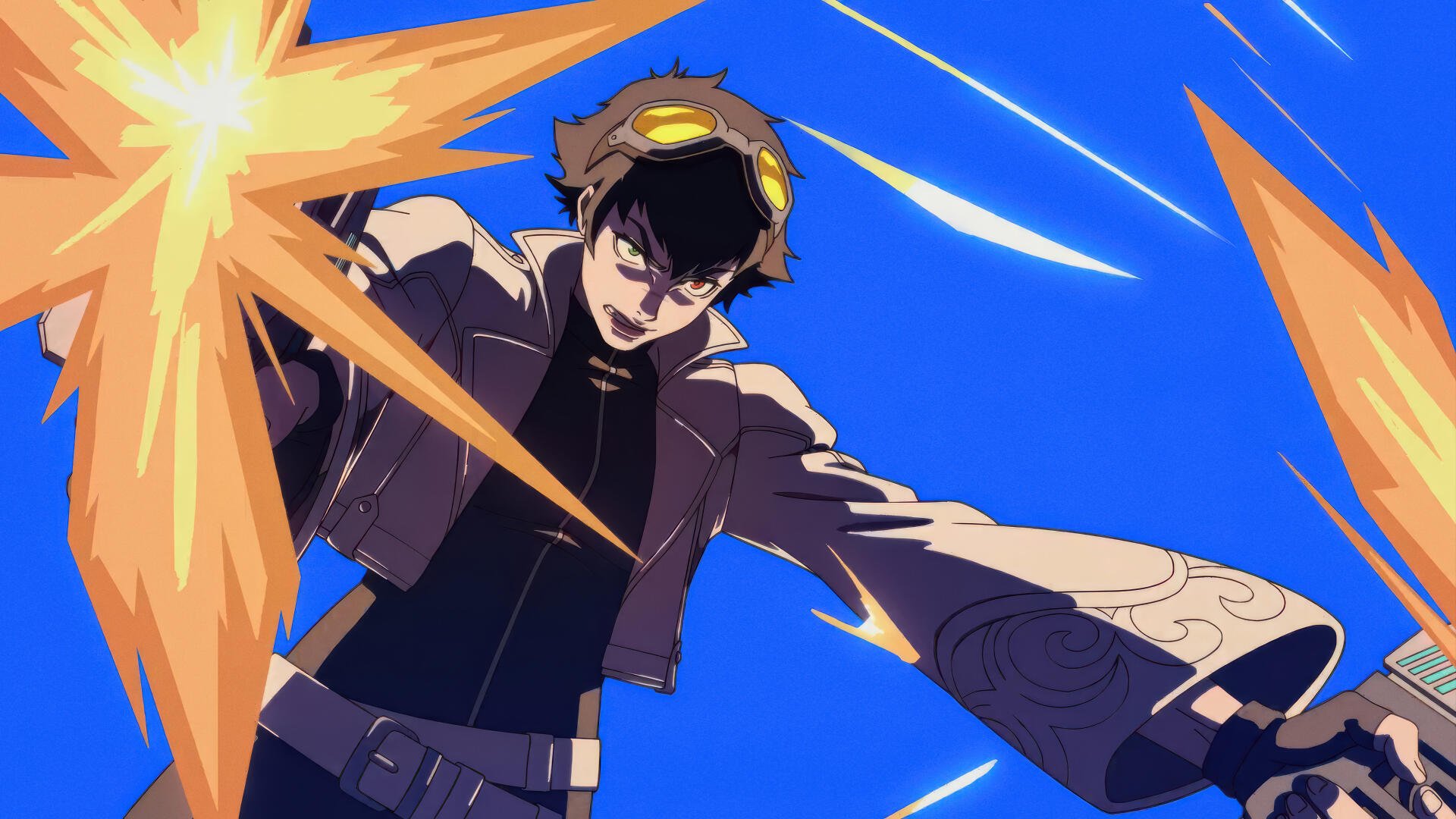 Devil May Cry (2025) 4K Ultra HD PC desktop wallpaper featuring an anime-style protagonist from Devil May Cry with goggles unleashing orange energy blasts against a vivid blue sky.
