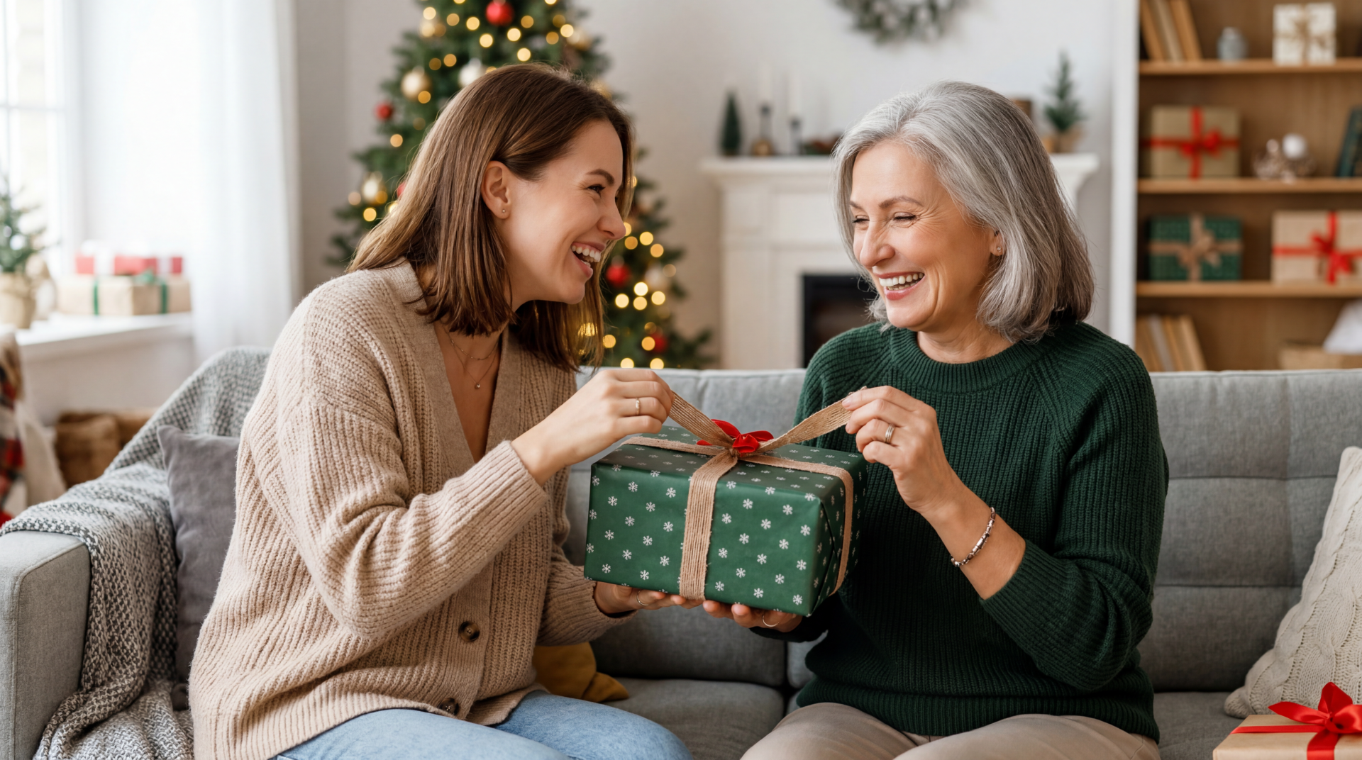 Gift giving — two smiling women exchange a wrapped green present on a couch in a cozy living room with a decorated Christmas tree; 5K Ultra HD PC desktop wallpaper and background.