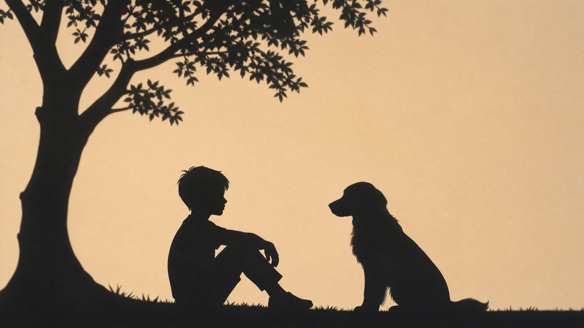 Silhouette of a boy and dog sitting under a tree at sunset — 4K Ultra HD PC desktop wallpaper and background.