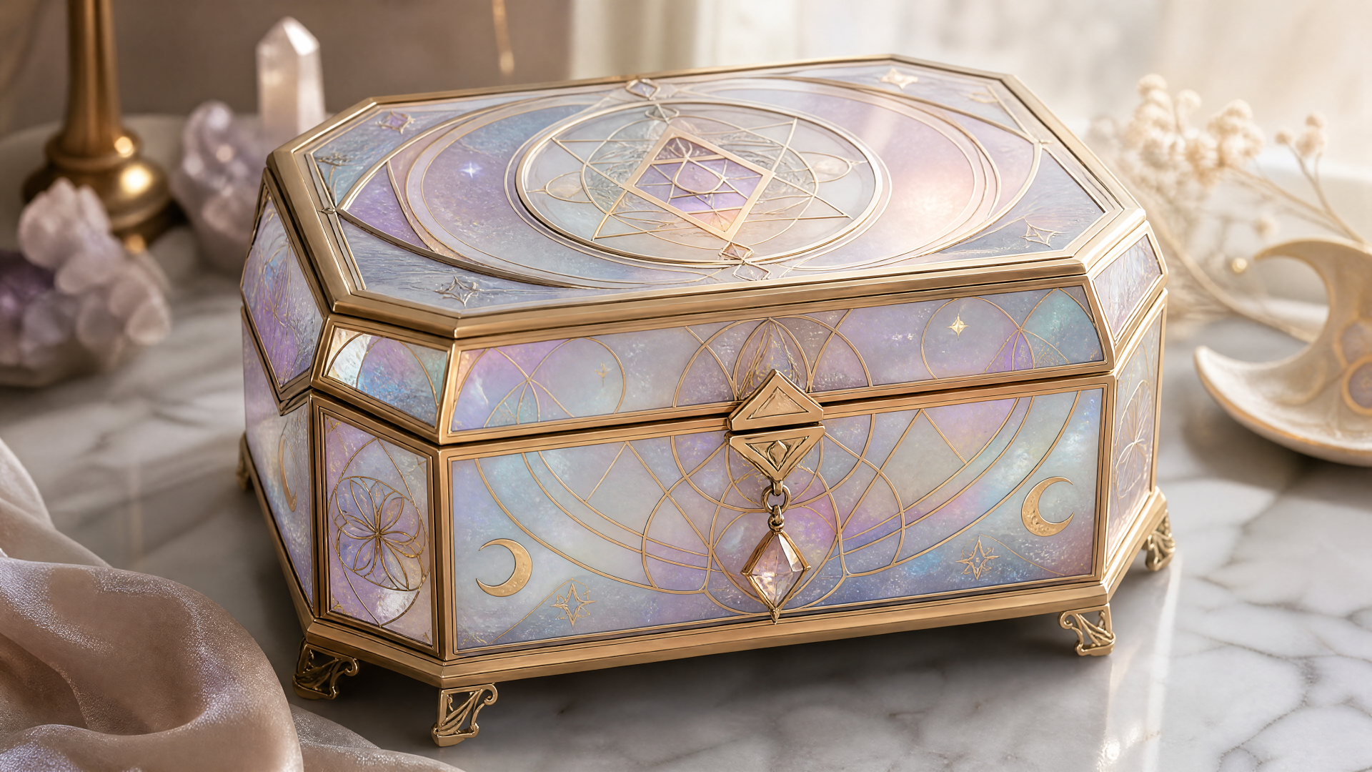 Ornate iridescent jewelry box with gold filigree, crescent motifs and crystal pendant on marble — 4K Ultra HD PC Desktop Wallpaper and Background.