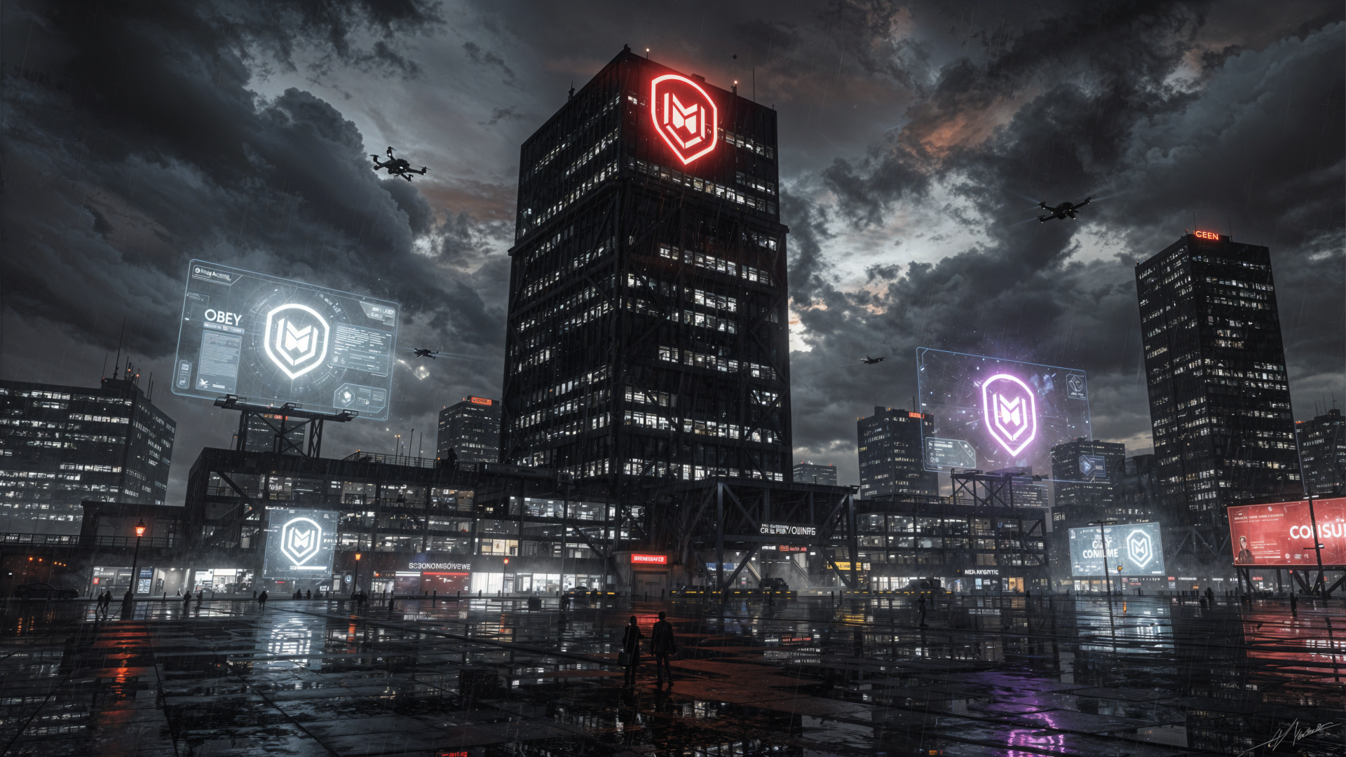 4K Ultra HD PC desktop wallpaper and background: dystopian night city dominated by an evil corporation's glowing logo on skyscrapers, drones overhead and rain-slick streets.