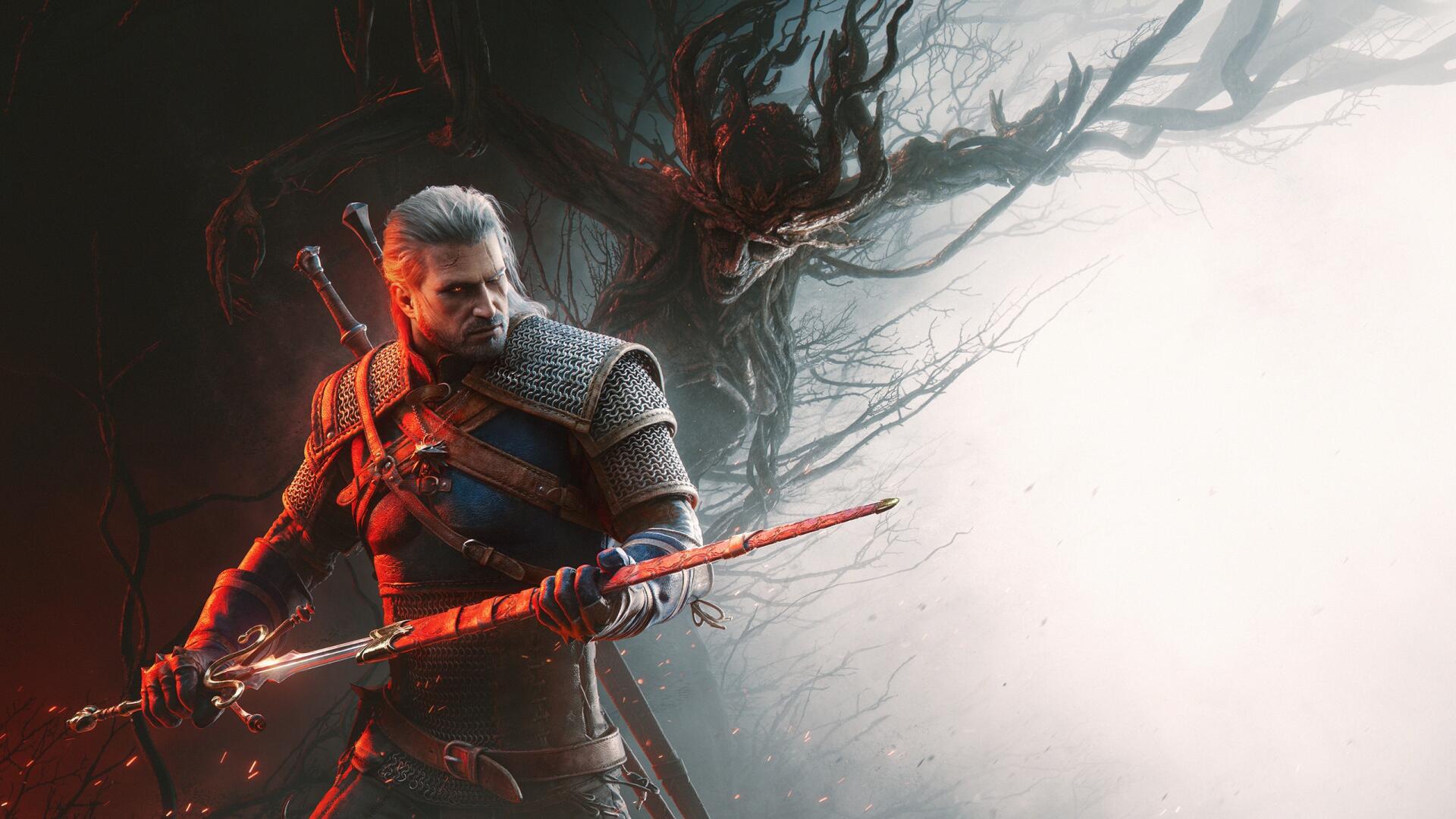 Geralt of Rivia grips a sword facing a dark, twisted forest; 2K Quad HD PC desktop wallpaper from The Witcher 3: Wild Hunt — Songs of the Past.
