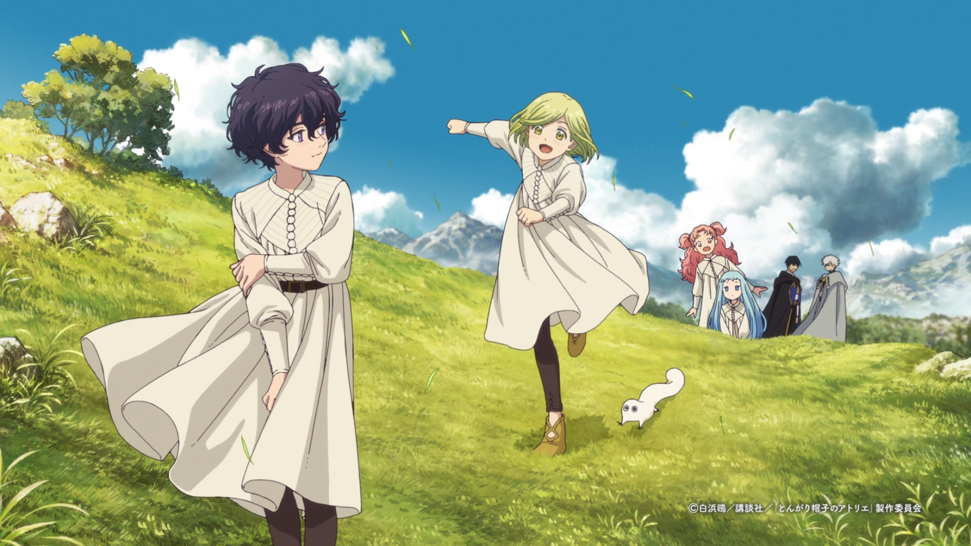 Anime HD PC desktop wallpaper — Witch Hat Atelier: two young witches in white robes play on a sunlit grassy hill, a small white creature scurries by, friends watch under a blue sky.