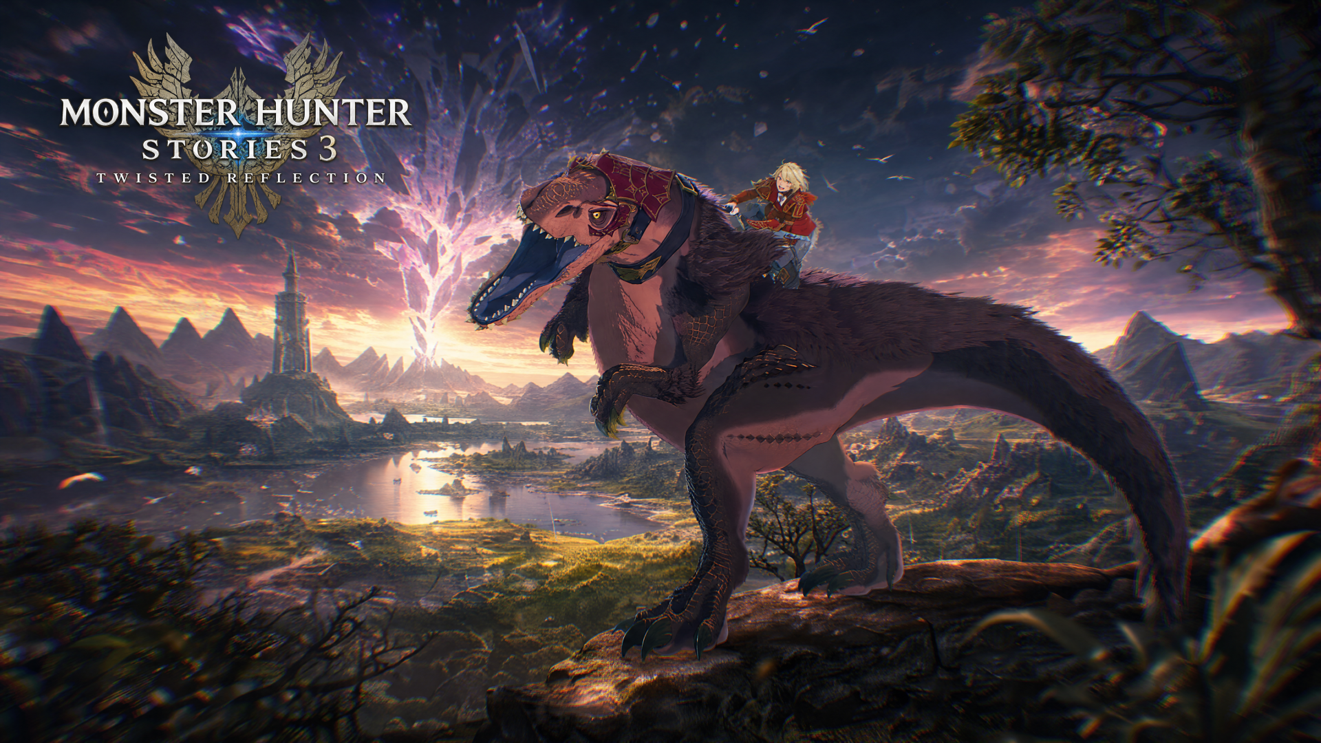 Monster Hunter Stories 3: Twisted Reflection — 4K Ultra HD PC desktop wallpaper of a rider atop a giant raptor-like monster, overlooking a luminous valley under a dramatic twilight sky.