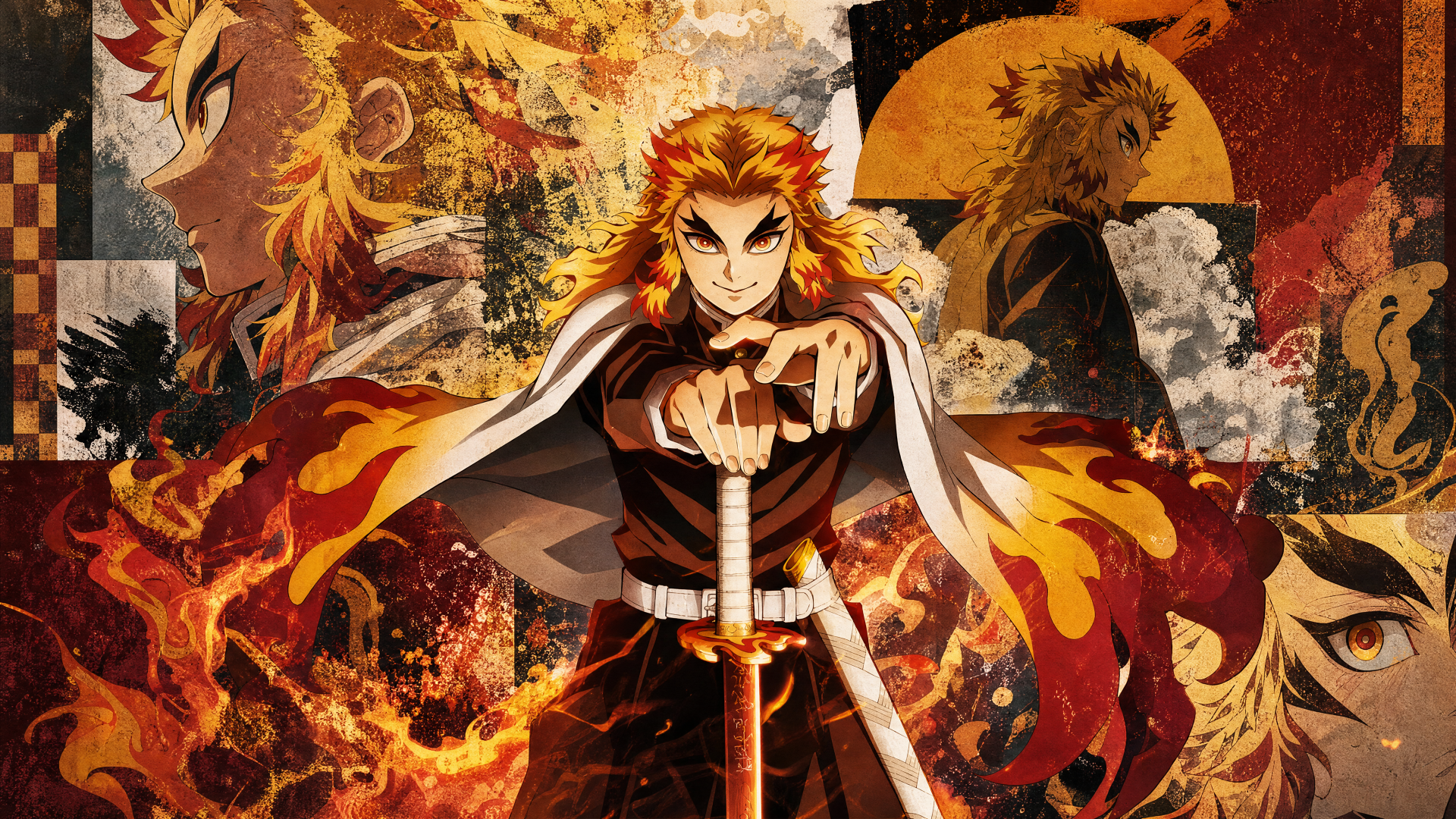 Kyojuro Rengoku stands with sword drawn amid roaring flames in a vibrant 4K Ultra HD PC desktop wallpaper and background.