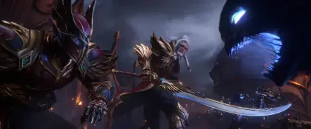 HD PC desktop wallpaper: World of Warcraft: Midnight armored elf with a glowing sword confronting a shadowy maw beneath stormy skies.