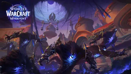 World of Warcraft: Midnight video game scene — Shadow Army of glowing-eyed, nightmarish creatures advancing through a ruined city; 4K Ultra HD PC desktop wallpaper.