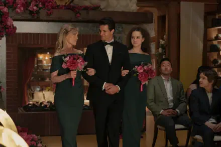 4K Ultra HD PC desktop wallpaper — TV show upload: groom in a tux walks arm-in-arm with two bridesmaids holding pink bouquets during an indoor wedding ceremony.