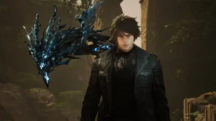 HD PC desktop wallpaper of Lost Soul Aside gaming character: brooding young man in a dark coat with a glowing crystalline dragon companion amid rocky canyon ruins.