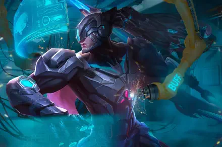 HD PC wallpaper of Alpha (Mobile Legends) from the mobile game Mobile Legends: Bang Bang — armored cybernetic hero lunging through a teal-lit futuristic battlefield.