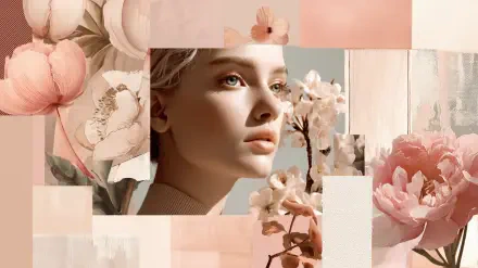 Pastel pink aesthetic collage: a girl's portrait amid soft floral motifs and geometric panels — HD PC desktop wallpaper/background.