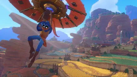 4K Ultra HD PC desktop wallpaper from the video game The Knightling: a small blue knight dangling from a red umbrella glider over sunlit terraced fields and canyon cliffs.