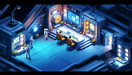 4K Ultra HD PC Desktop Wallpaper and Background: isometric sci‑fi space station control room with glowing consoles, monitors, stairs and astronauts bathed in cool blue light.